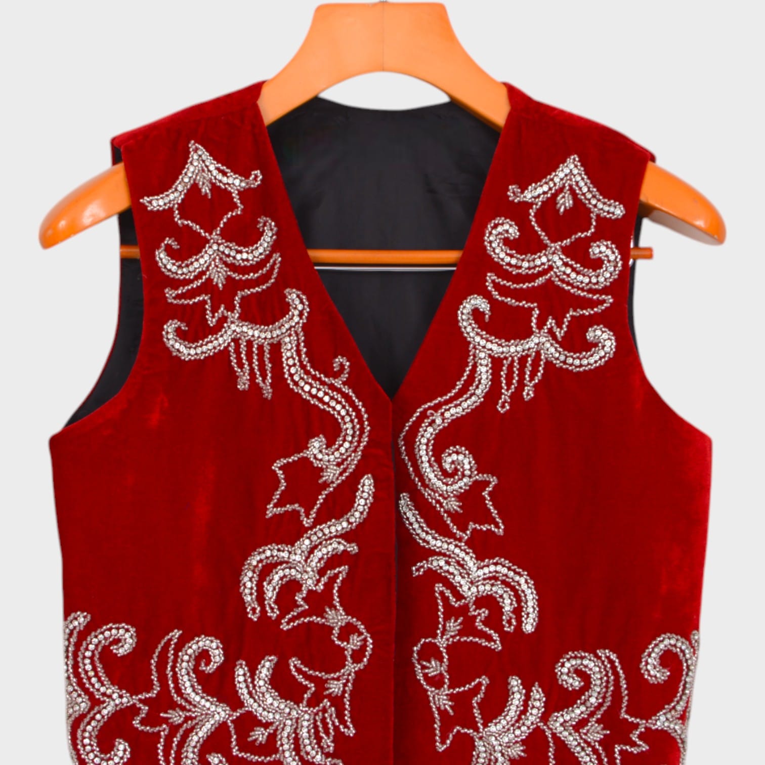 Crimson Red Velvet Afghan Vest with Silver Embroidery