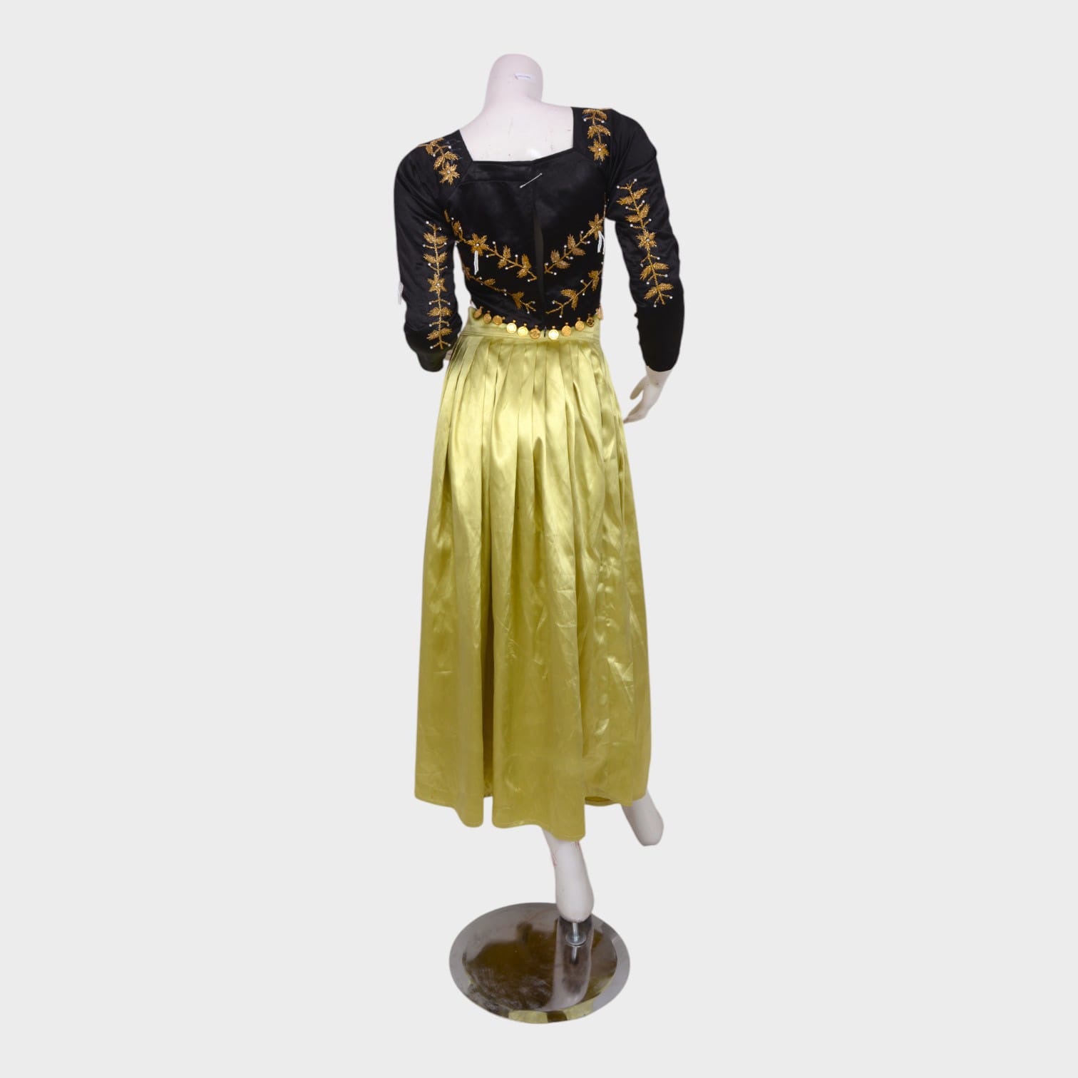 Golden Silk Traditional Ensemble with Black Embroidered Blouse & Green Dupatta