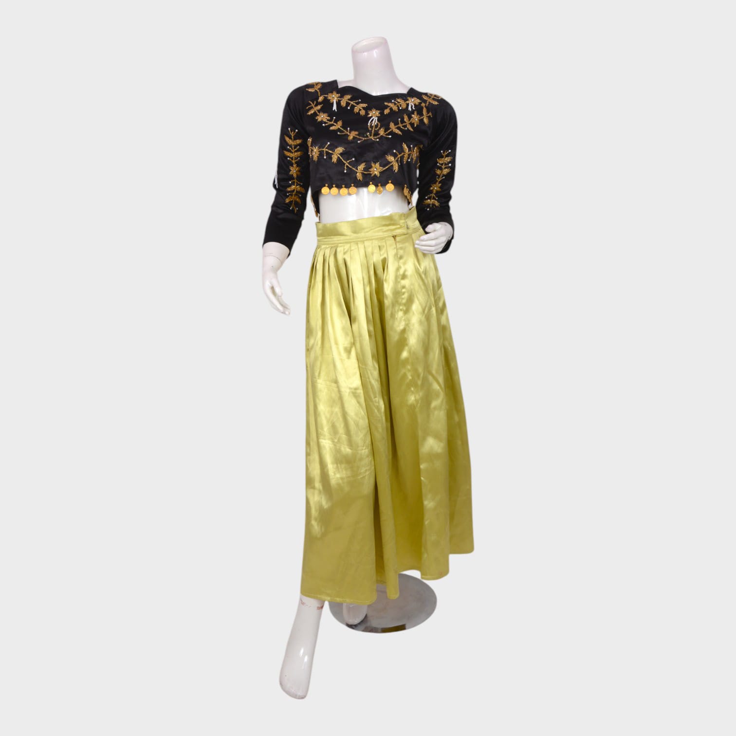 Golden Silk Traditional Ensemble with Black Embroidered Blouse & Green Dupatta