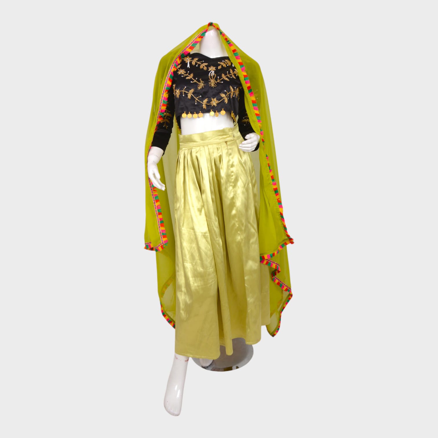 Golden Silk Traditional Ensemble with Black Embroidered Blouse & Green Dupatta