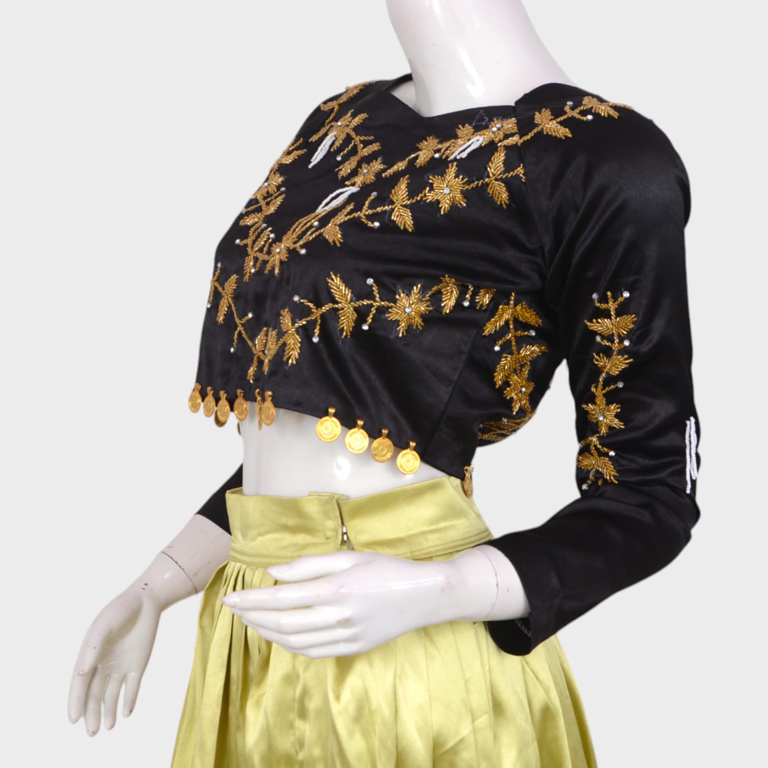 Golden Silk Traditional Ensemble with Black Embroidered Blouse & Green Dupatta