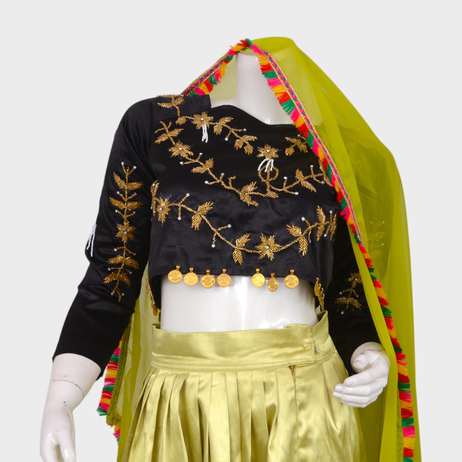 Golden Silk Traditional Ensemble with Black Embroidered Blouse & Green Dupatta