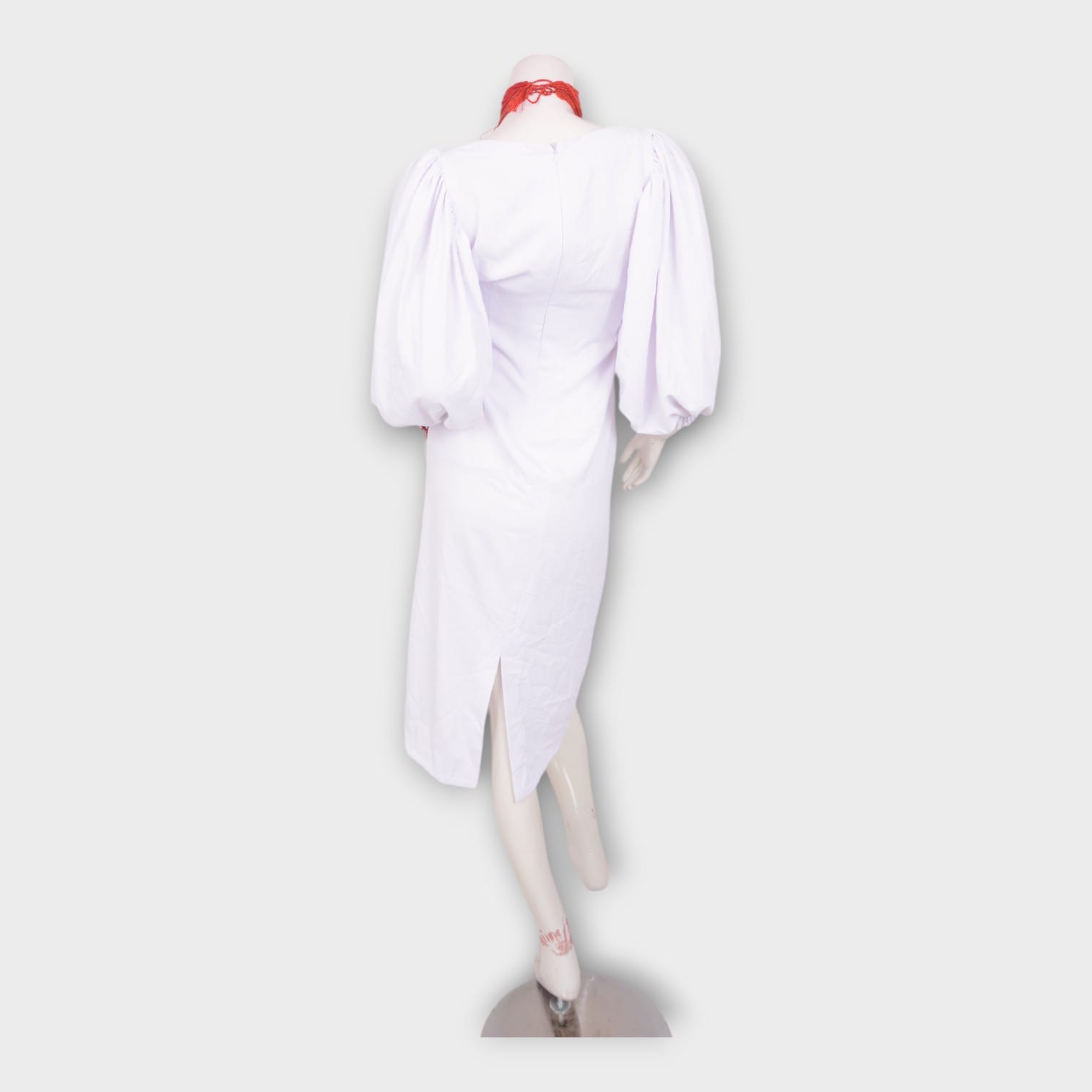 Embroidered White Cotton Dress with Red Geometric Detailing