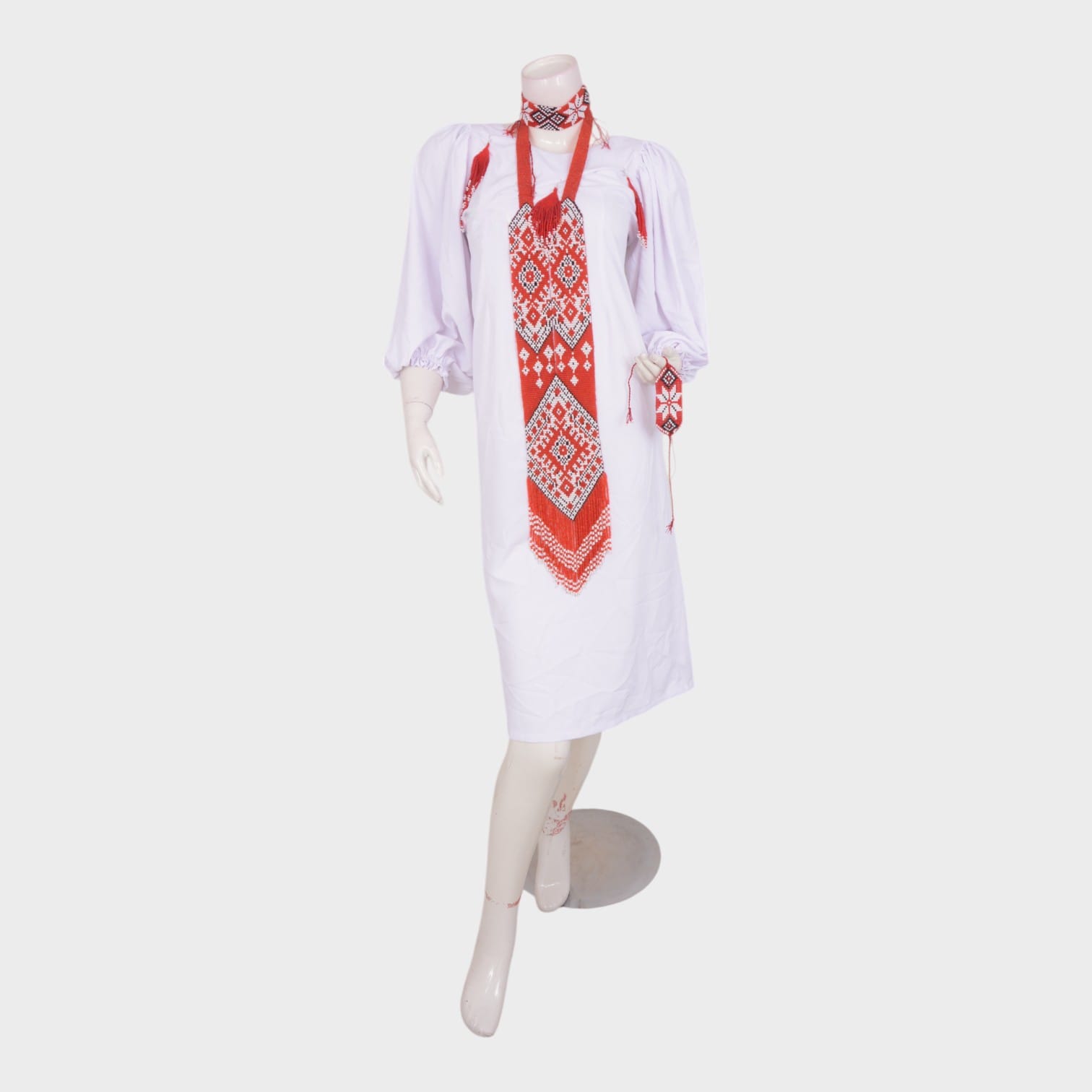Embroidered White Cotton Dress with Red Geometric Detailing