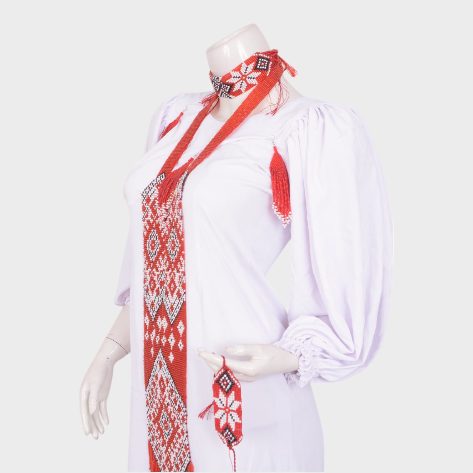 Embroidered White Cotton Dress with Red Geometric Detailing