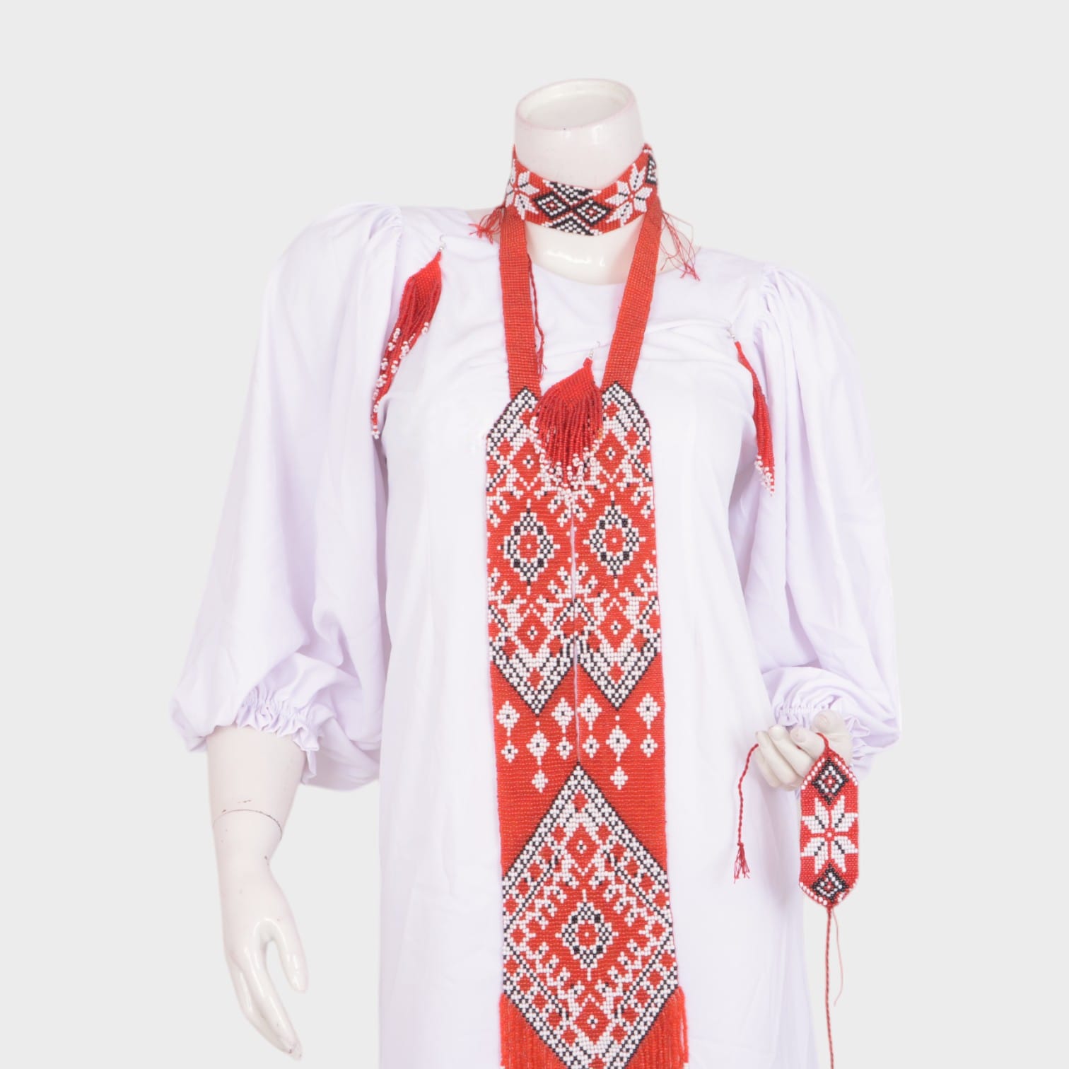 Embroidered White Cotton Dress with Red Geometric Detailing