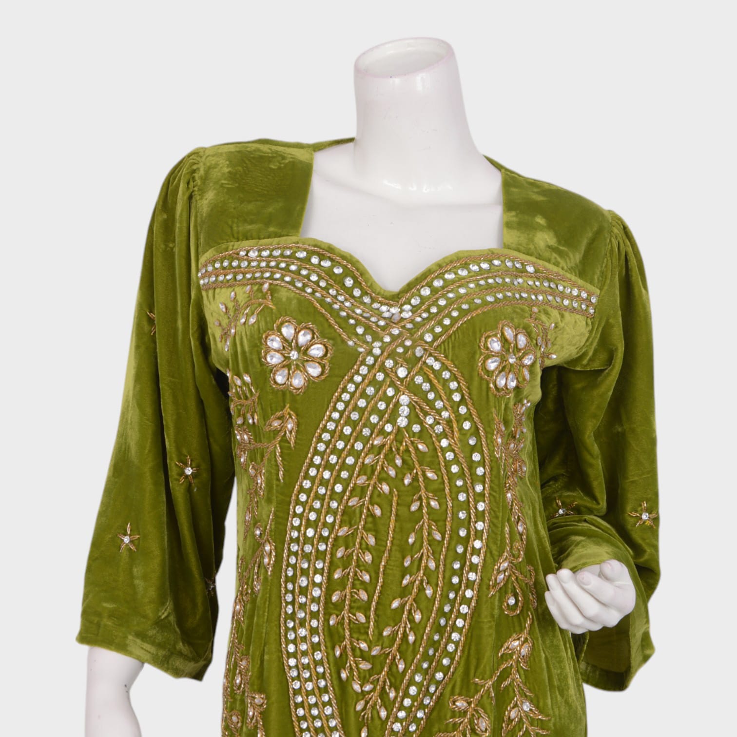  Olive Green Embellished Velvet Maxi Dress