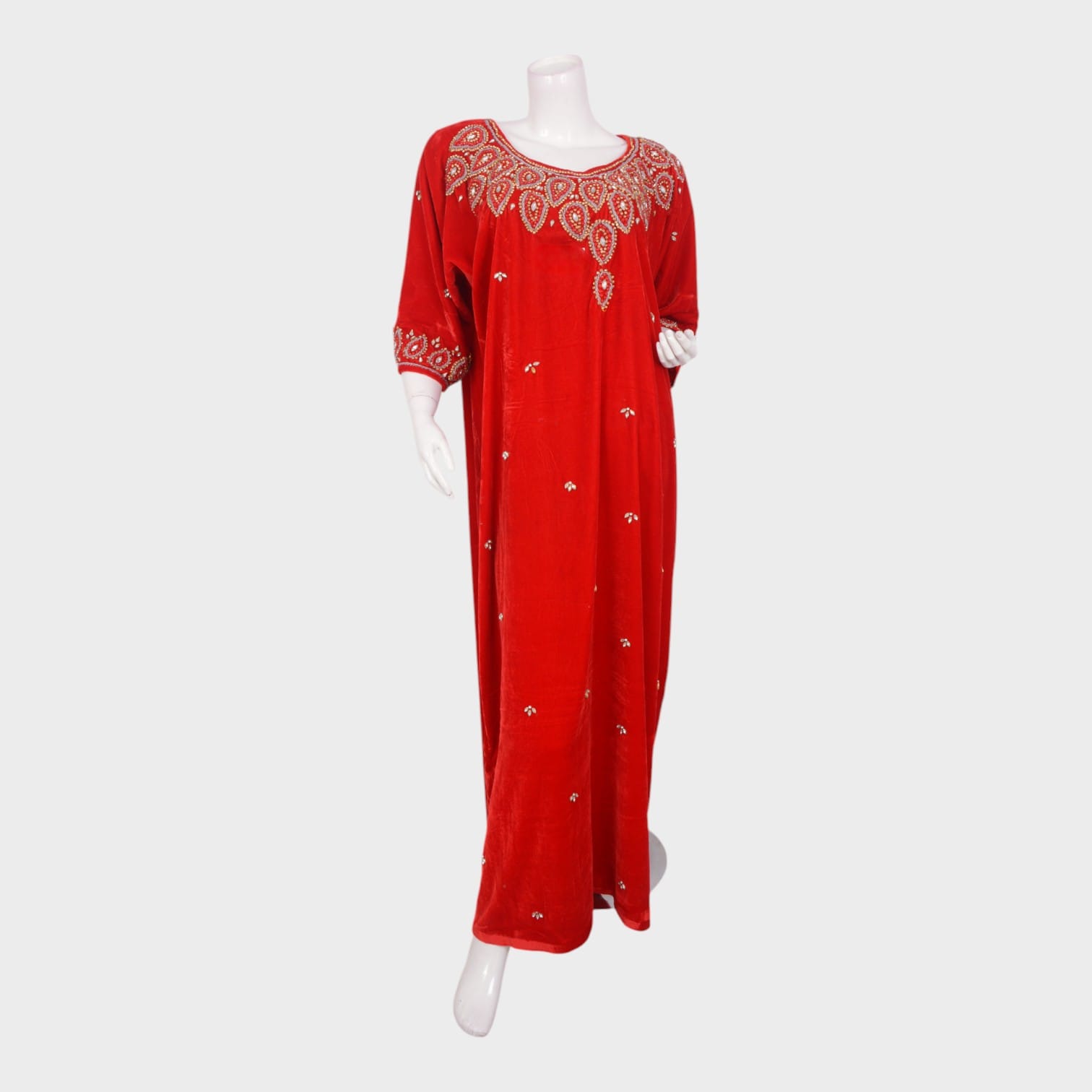 Embroidered Red Velvet Maxi Dress