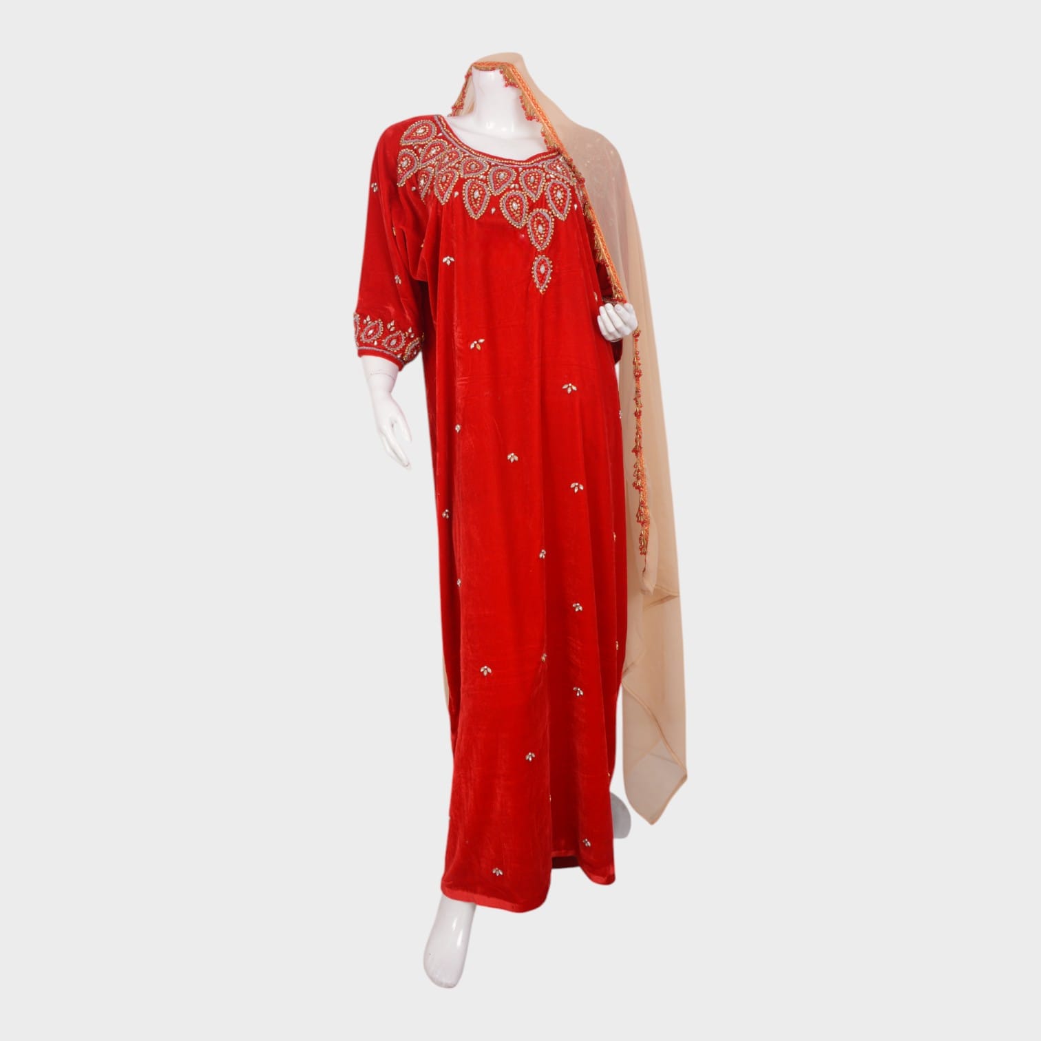 Embroidered Red Velvet Maxi Dress