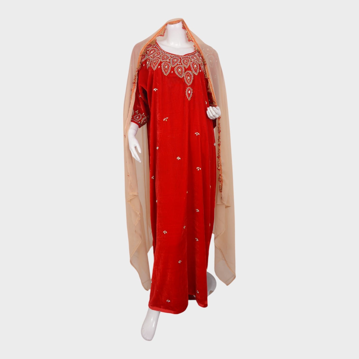 Embroidered Red Velvet Maxi Dress