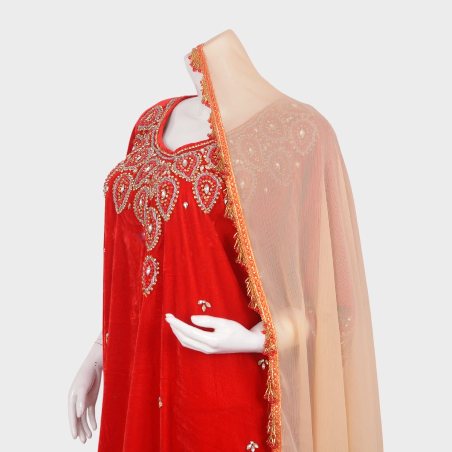 Embroidered Red Velvet Maxi Dress