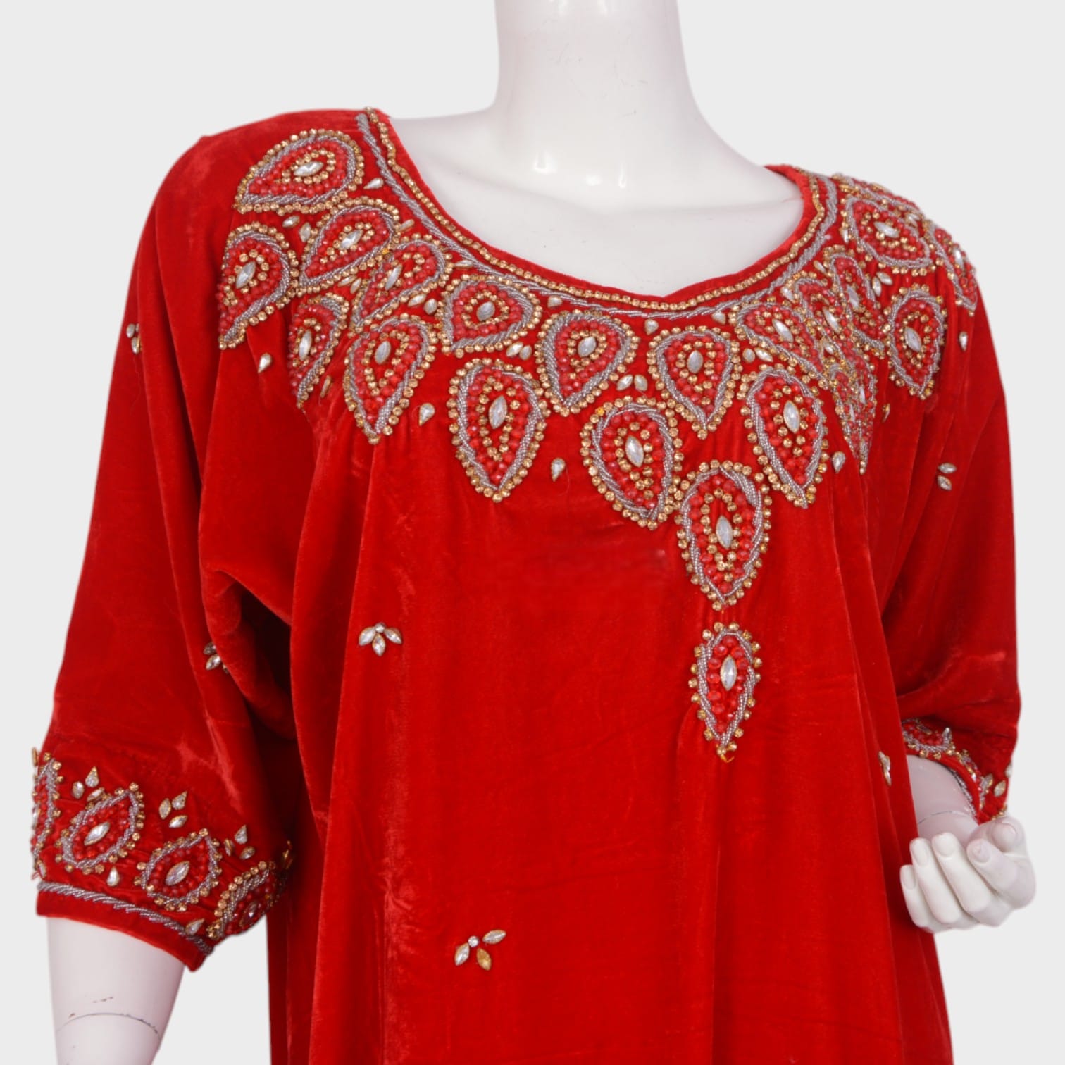 Embroidered Red Velvet Maxi Dress