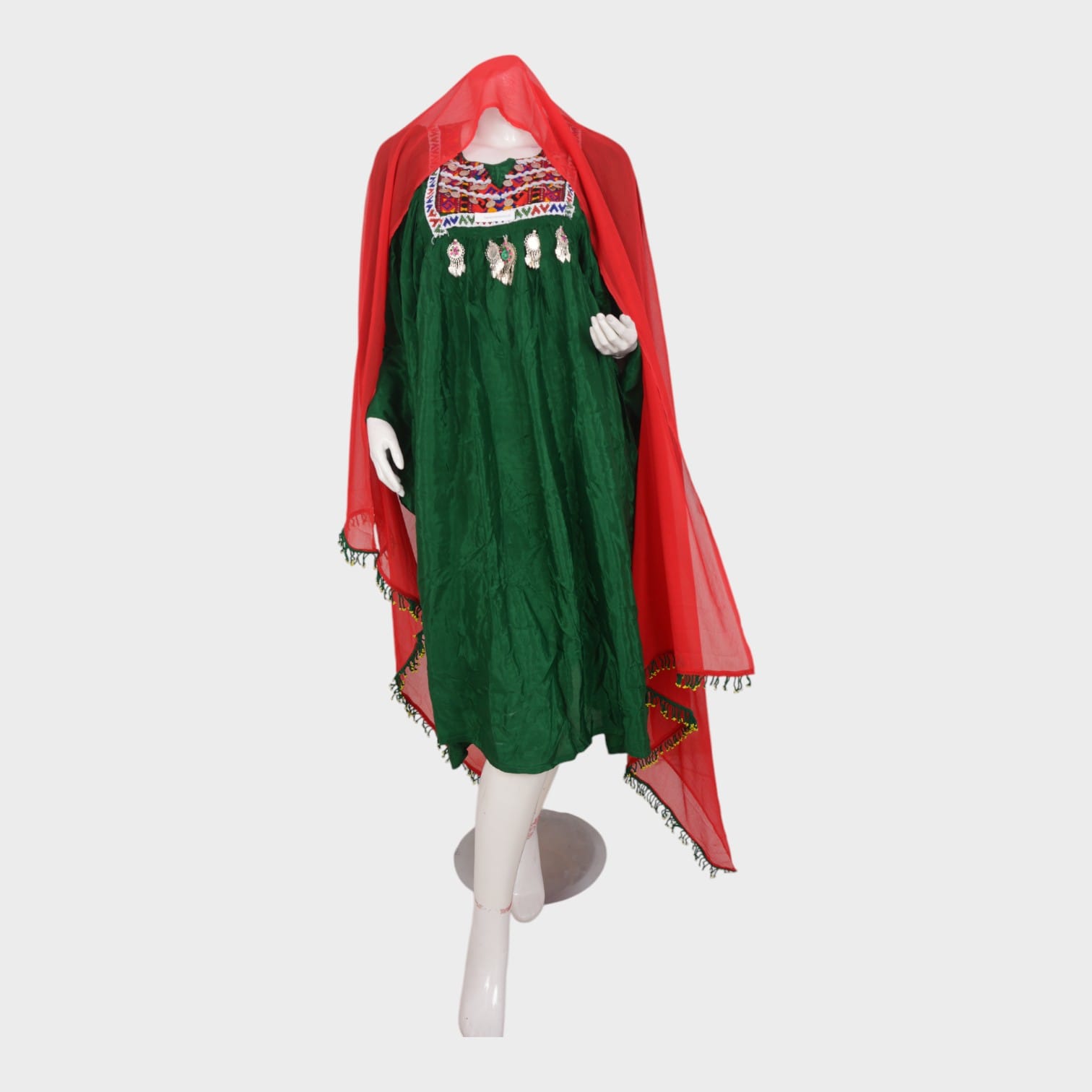 Afghan Traditional Green Dress with Red Dupatta