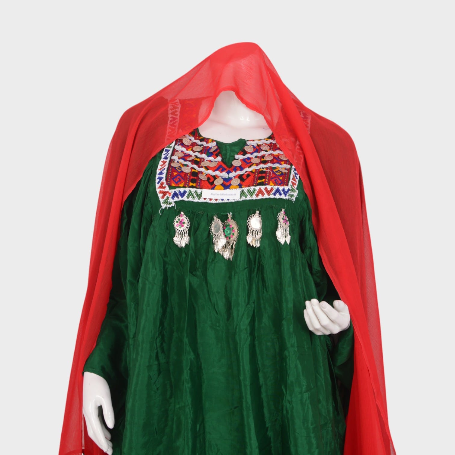 Afghan Traditional Green Dress with Red Dupatta