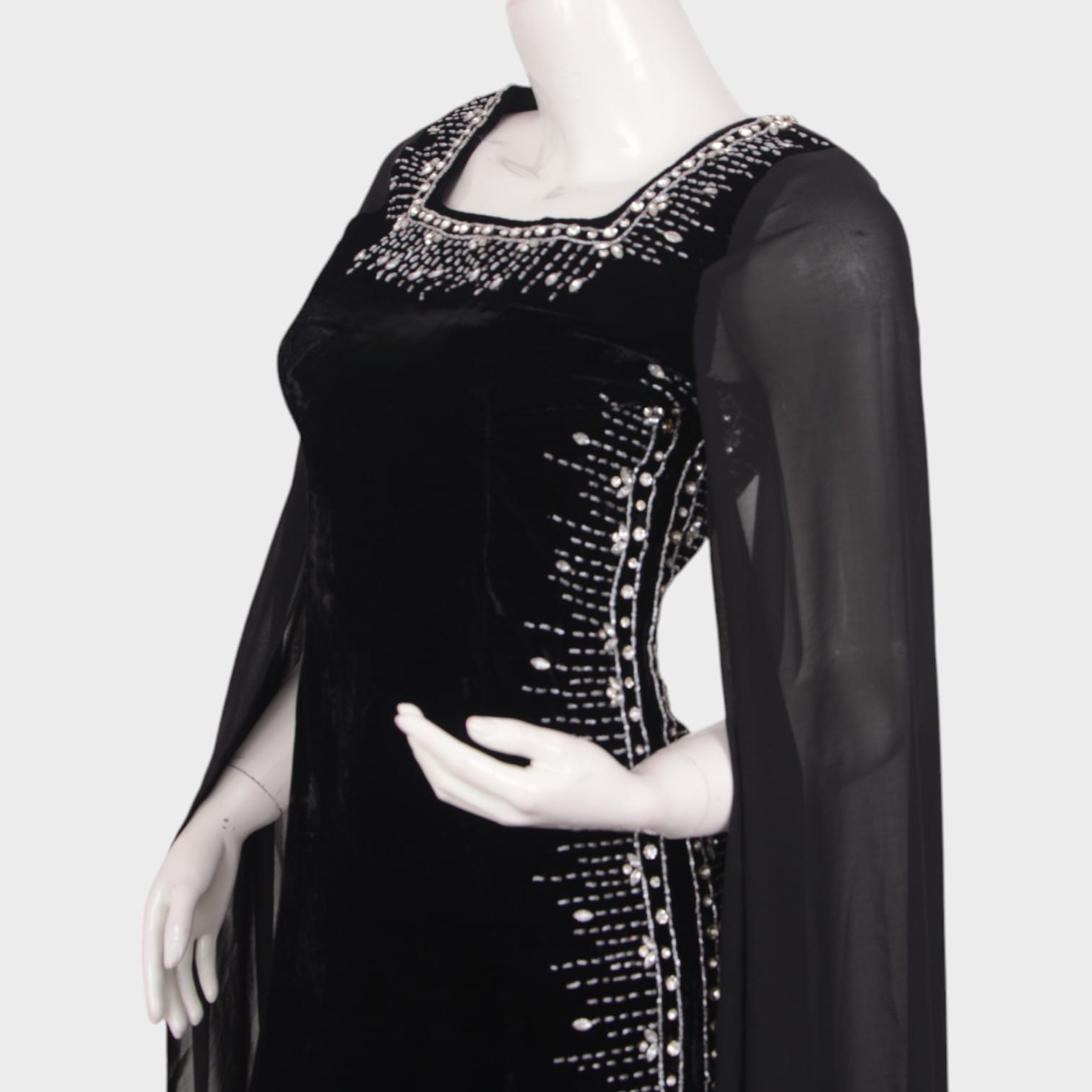 Black Velvet Cape Sleeve Evening Dress