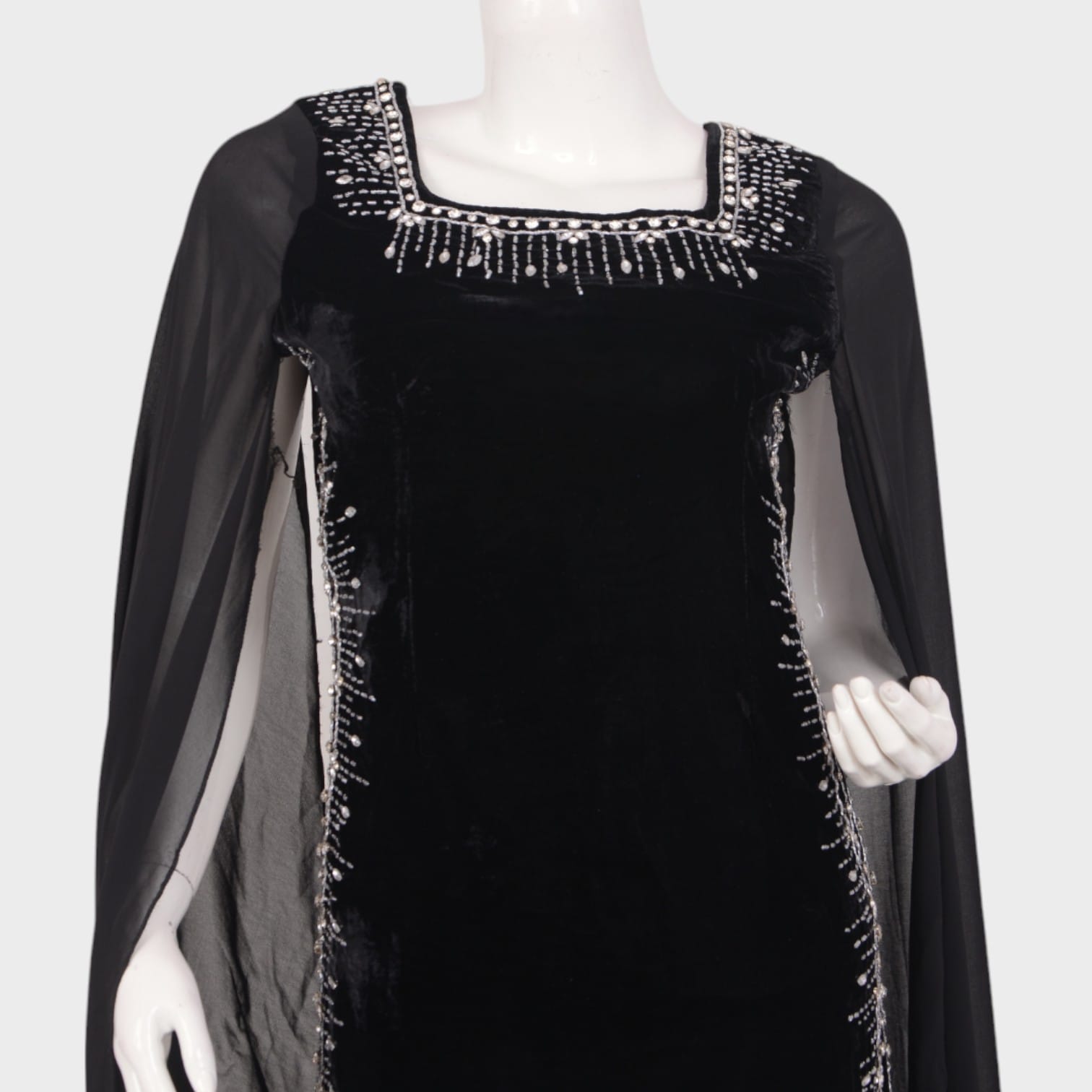 Black Velvet Cape Sleeve Evening Dress