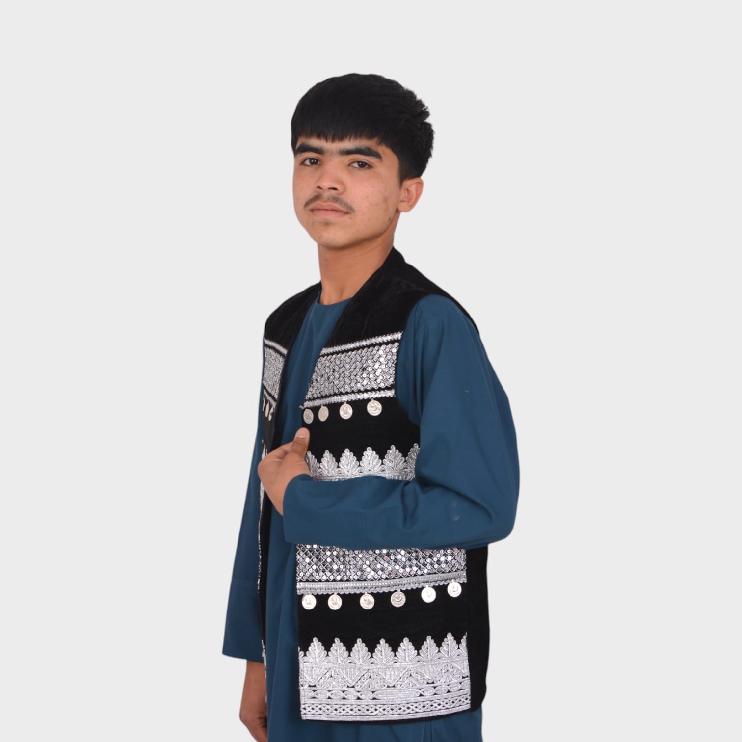 Classic Afghani Men's Velvet Vest with Silver Embroidery