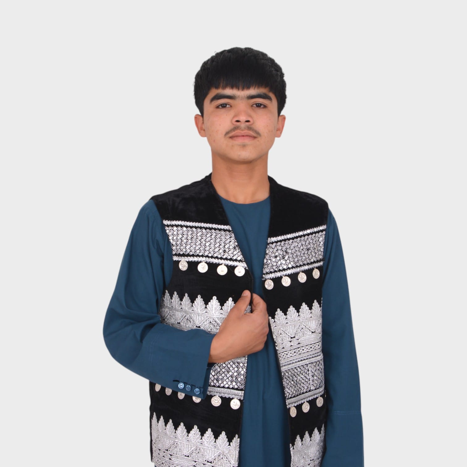 Classic Afghani Men's Velvet Vest with Silver Embroidery