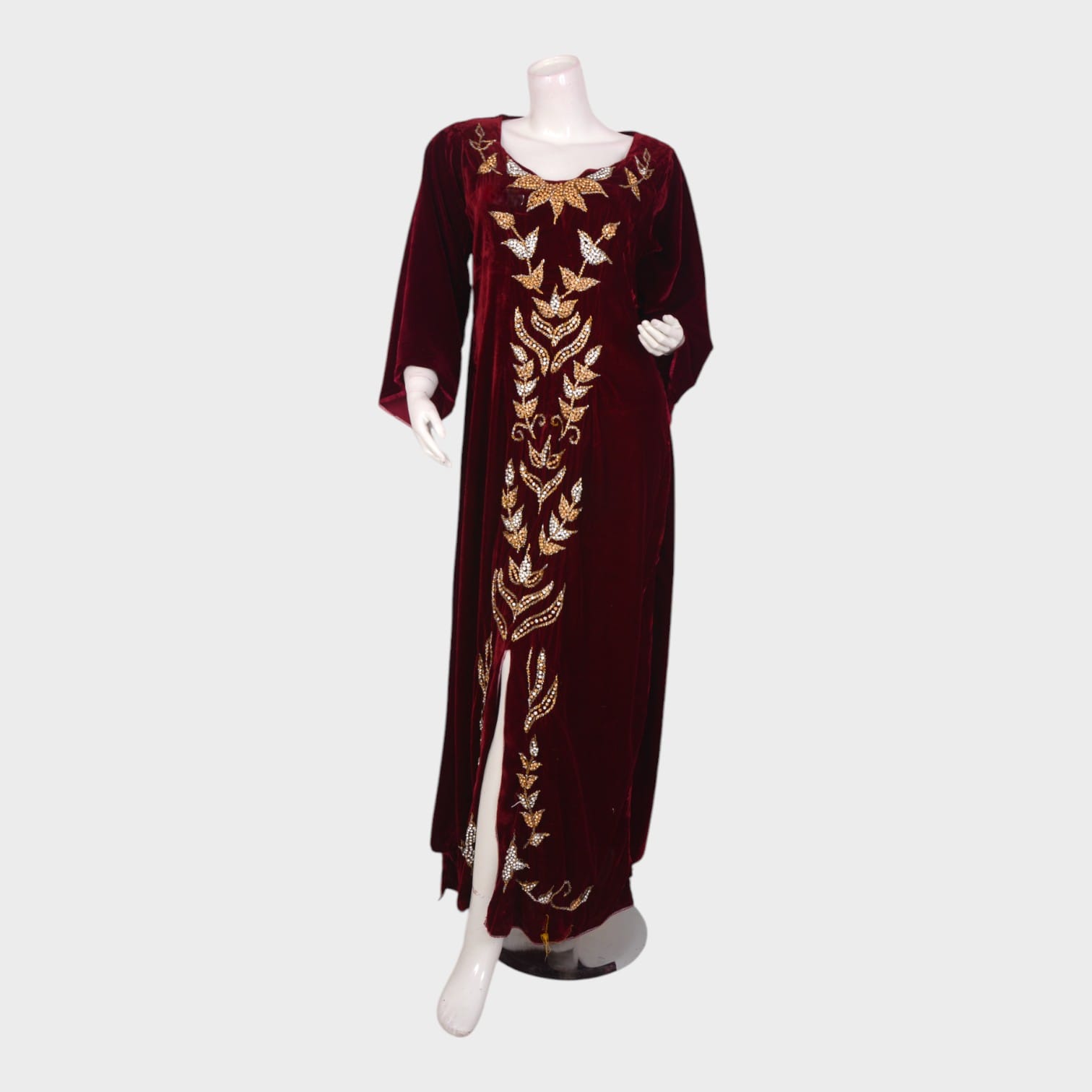 Maroon Velvet Embroidered Long Dress with Gold Detailing