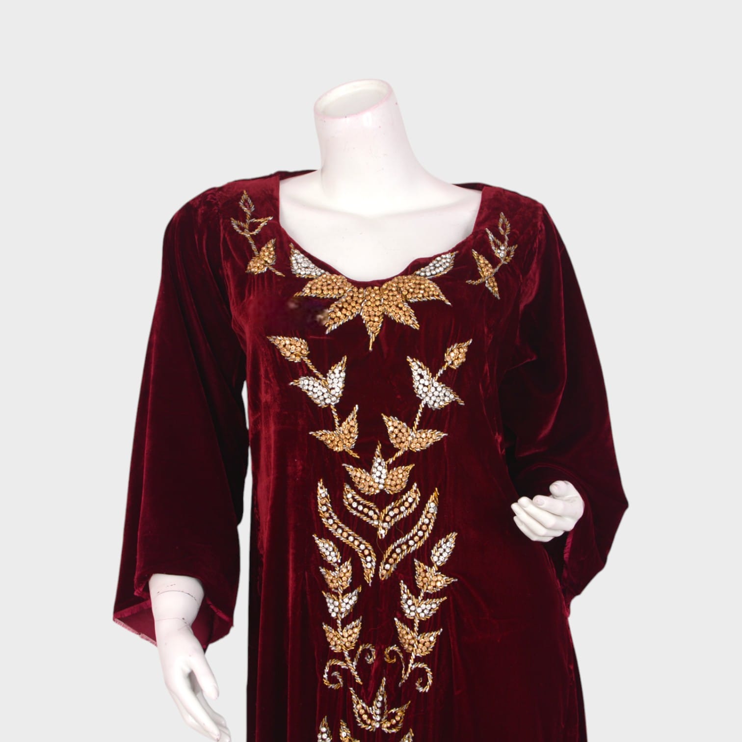 Maroon Velvet Embroidered Long Dress with Gold Detailing