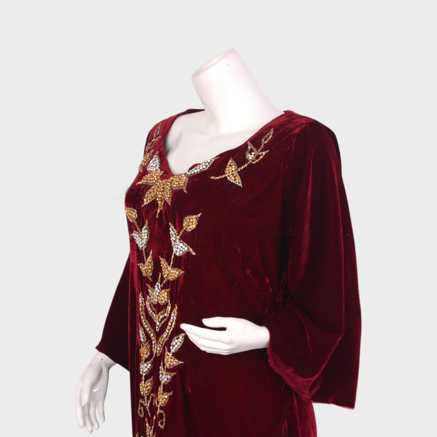 Maroon Velvet Embroidered Long Dress with Gold Detailing