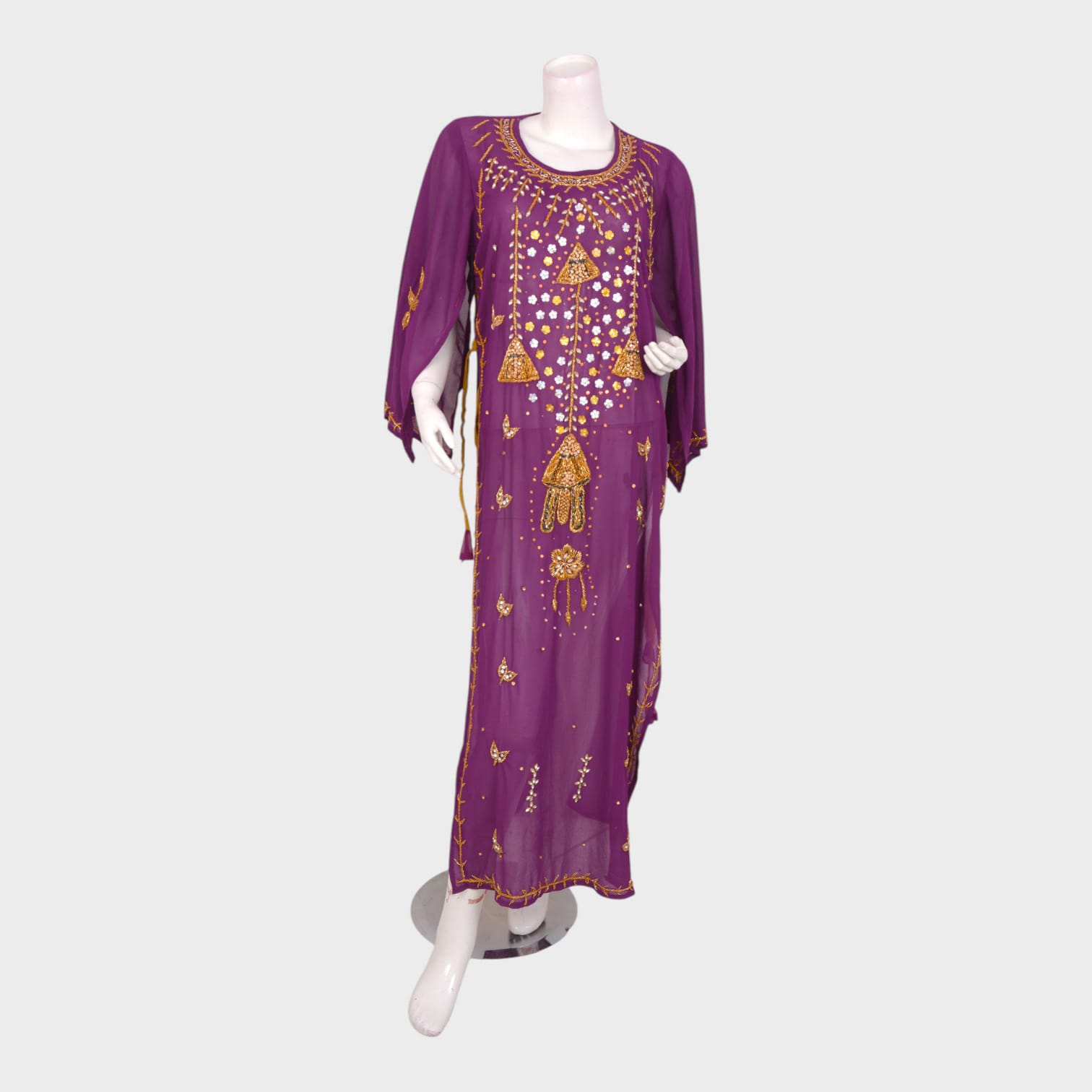 Purple Chiffon Long Dress with Golden Embroidery