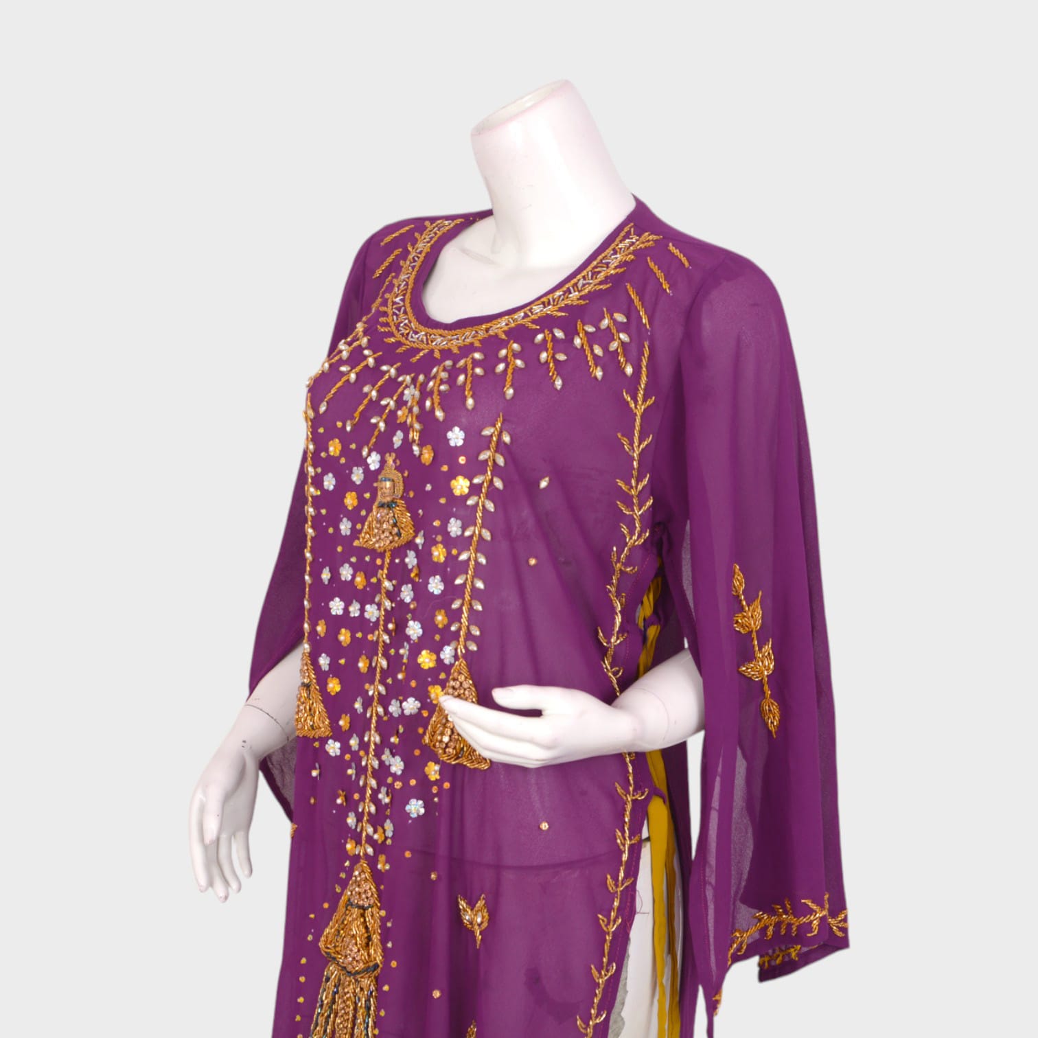 Purple Chiffon Long Dress with Golden Embroidery