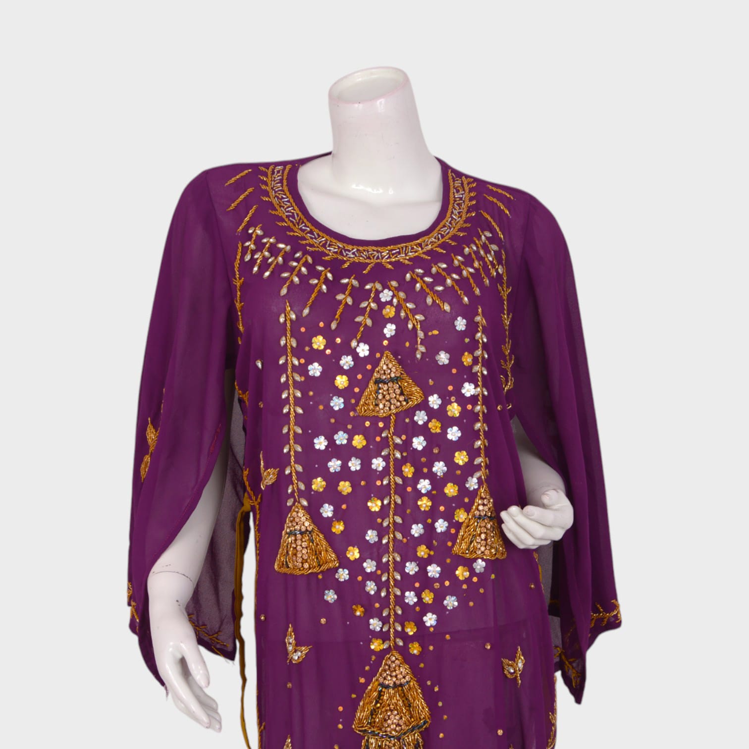 Purple Chiffon Long Dress with Golden Embroidery