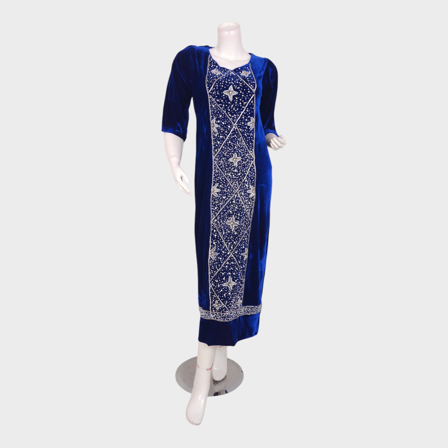 Royal Blue Velvet Embroidered Long Dress