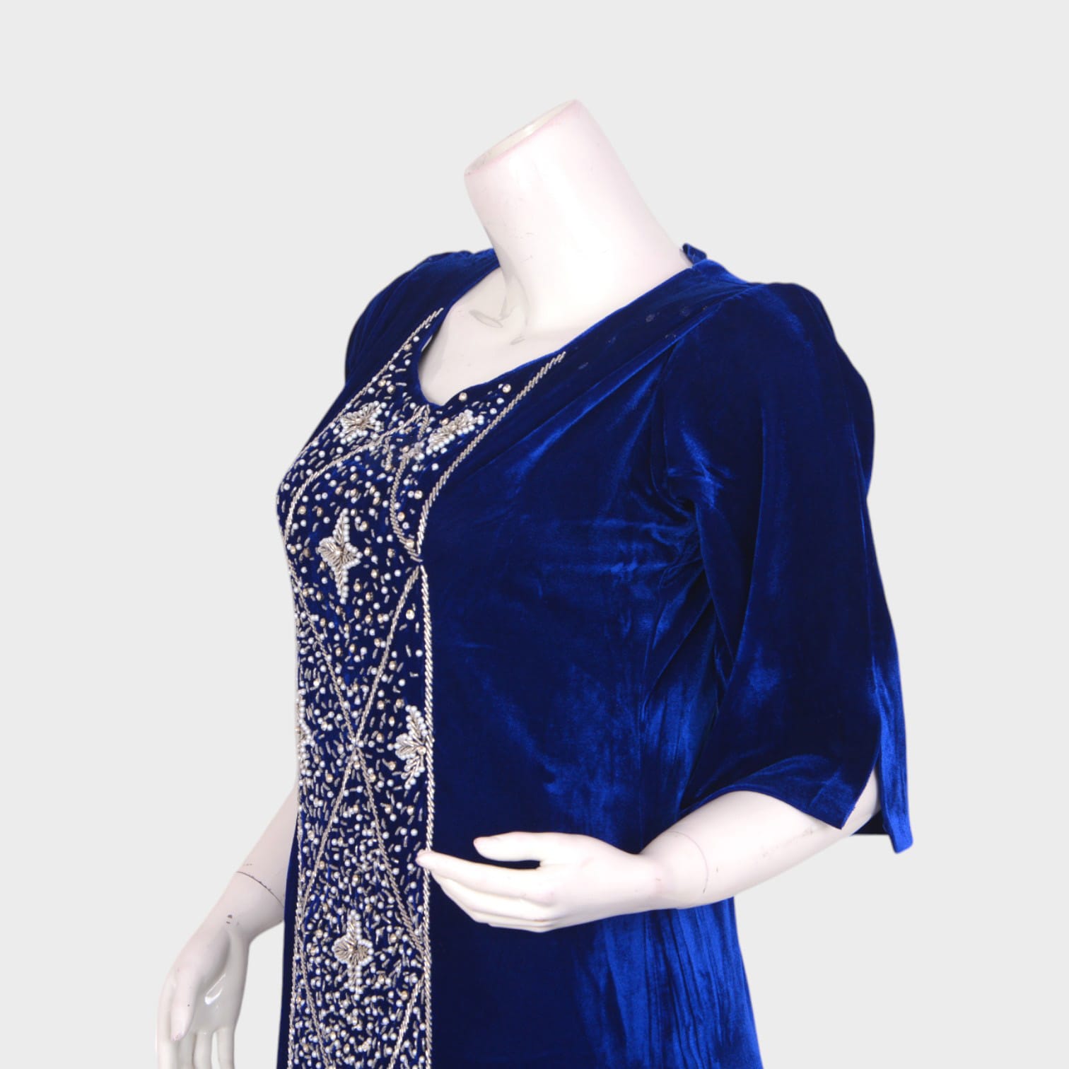 Royal Blue Velvet Embroidered Long Dress