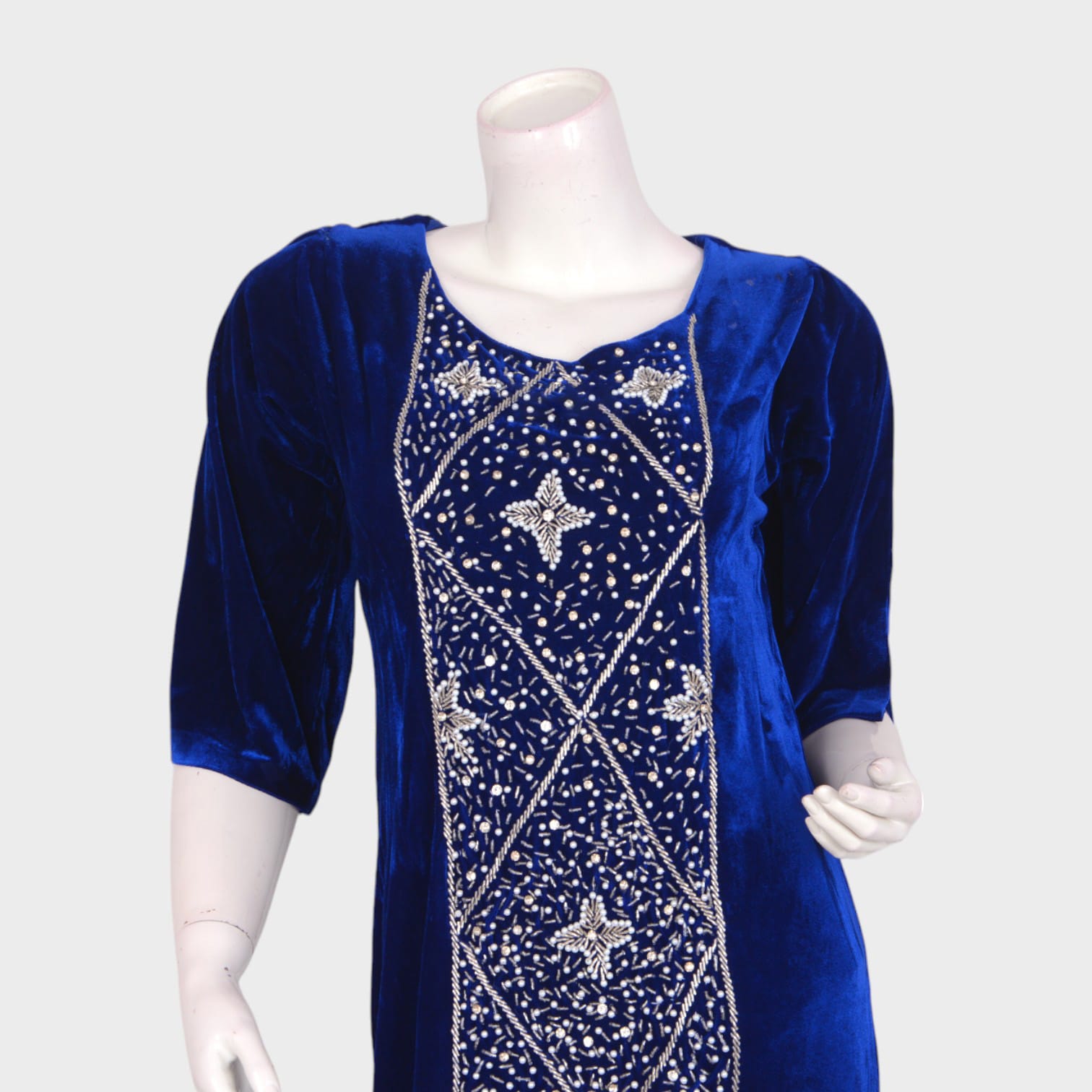 Royal Blue Velvet Embroidered Long Dress