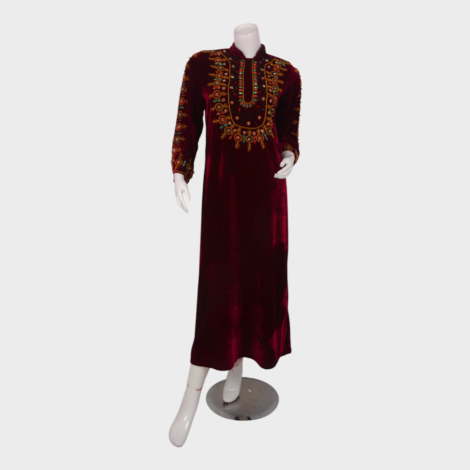 Maroon Solace – Velvet Embroidered Long Dress