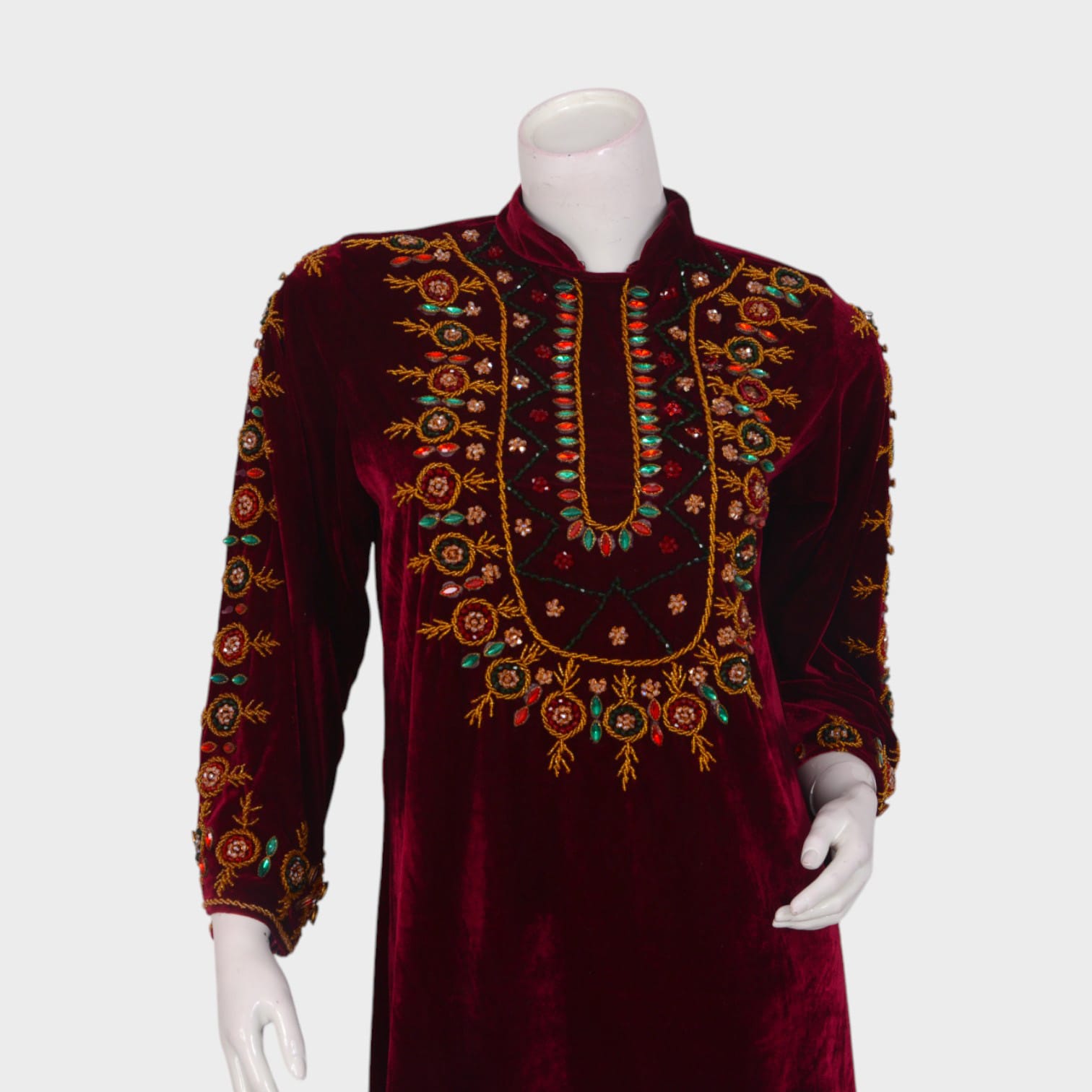 Maroon Solace – Velvet Embroidered Long Dress