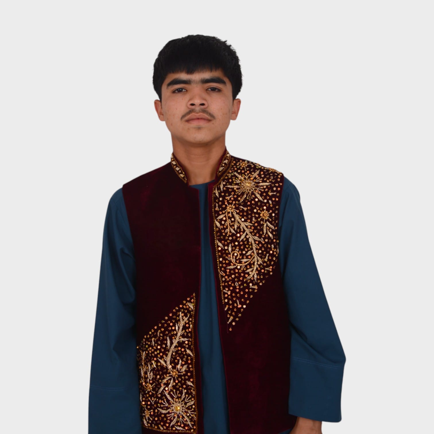 Sultan Charm – Embroidered Maroon Velvet Vest for Men