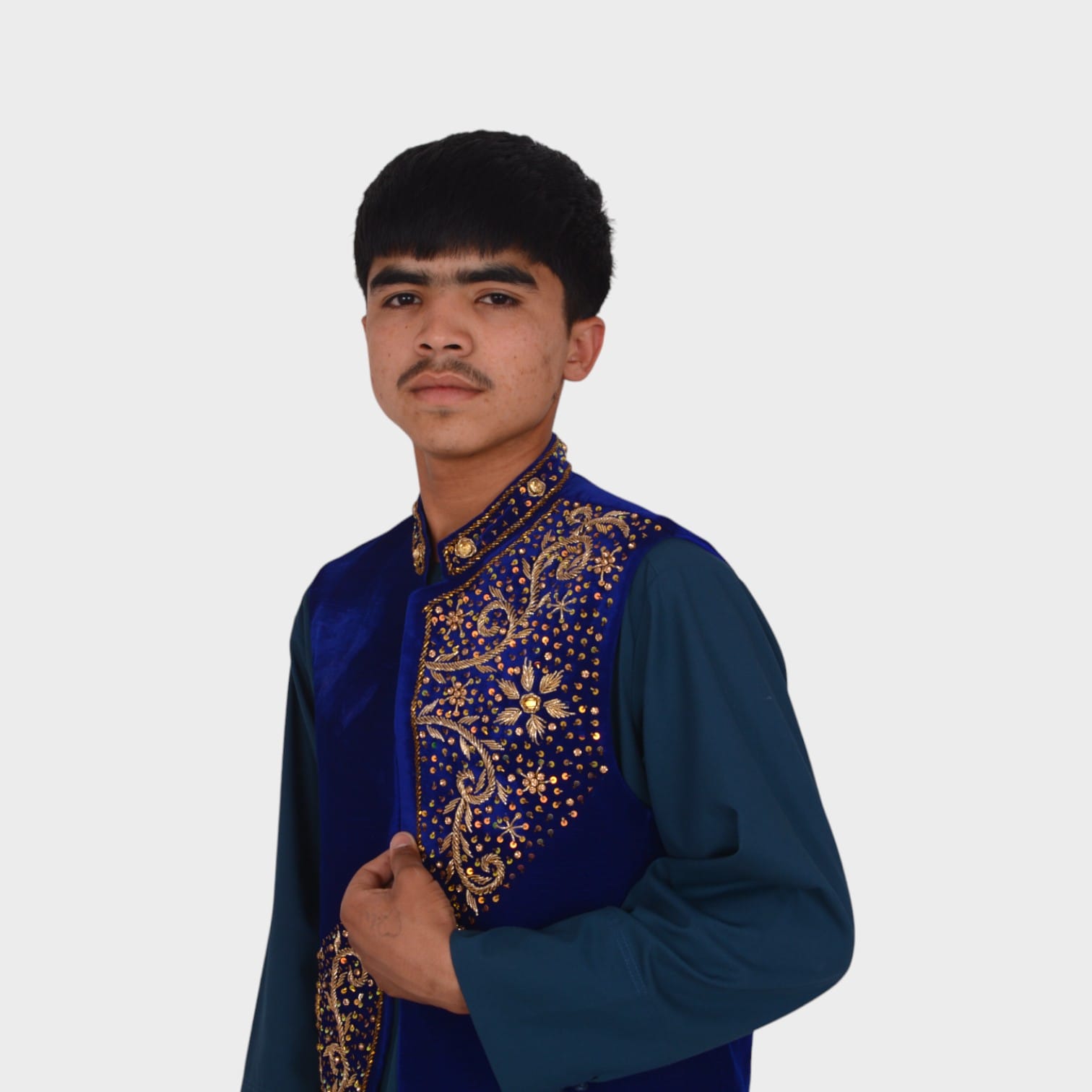 Embroidered Blue Velvet Waistcoat for Men – Traditional Formal Vest with Golden Detailing