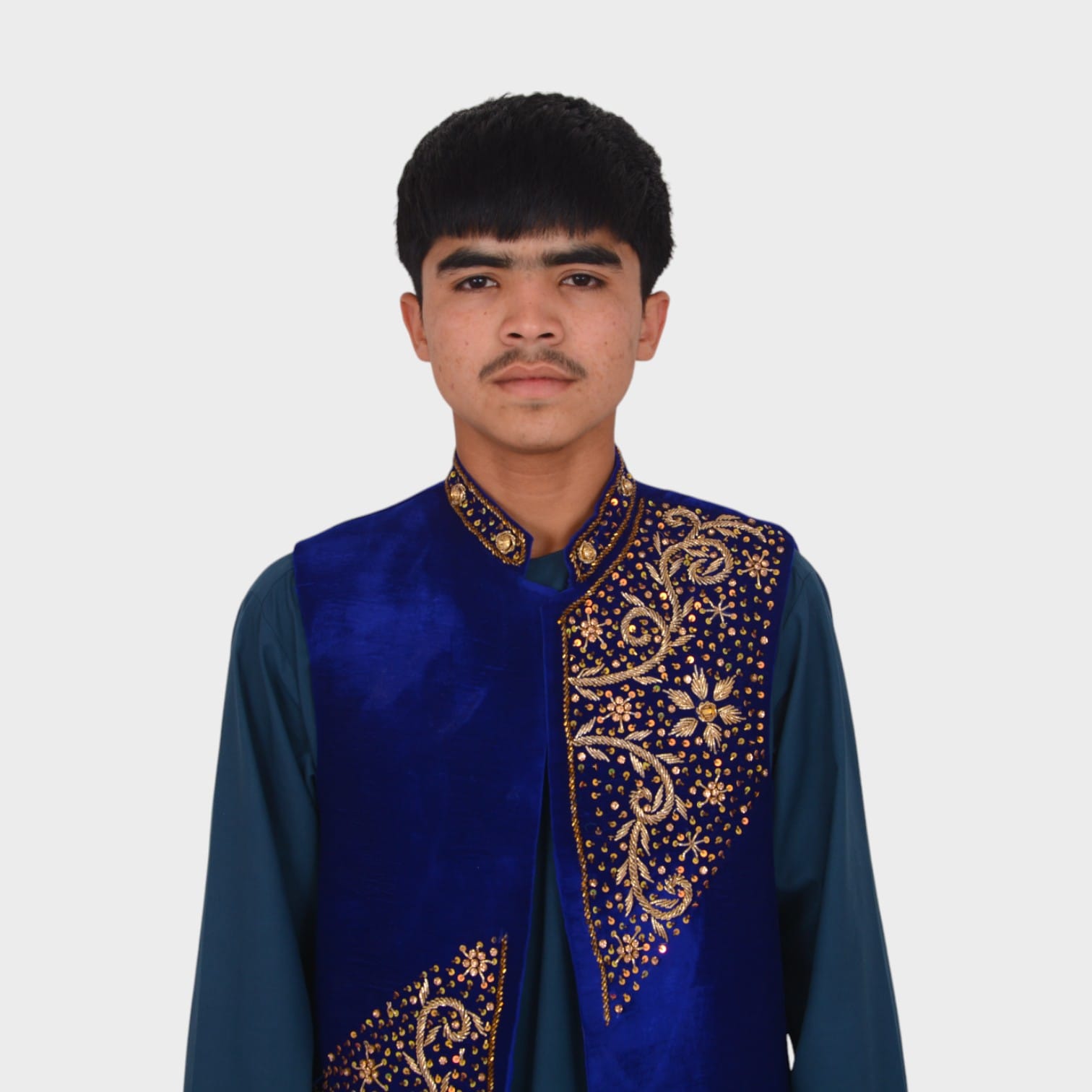 Embroidered Blue Velvet Waistcoat for Men – Traditional Formal Vest with Golden Detailing