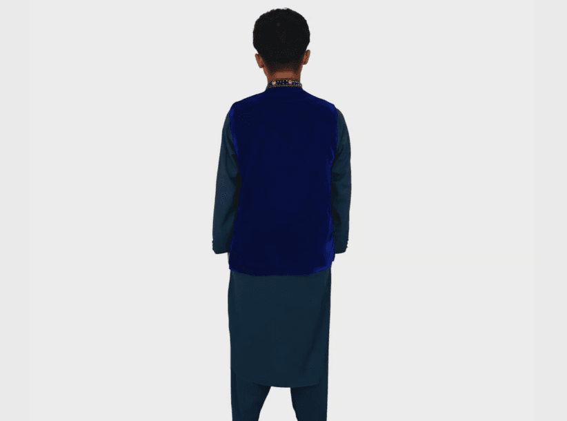 Embroidered Blue Velvet Waistcoat for Men – Traditional Formal Vest with Golden Detailing