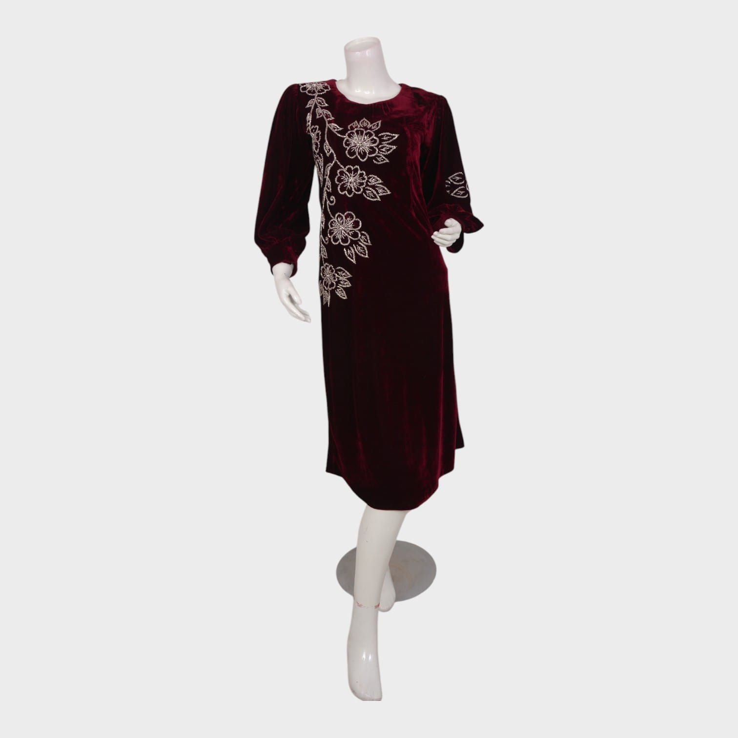 Mahgul Maroon – Floral Velvet Midi Dress