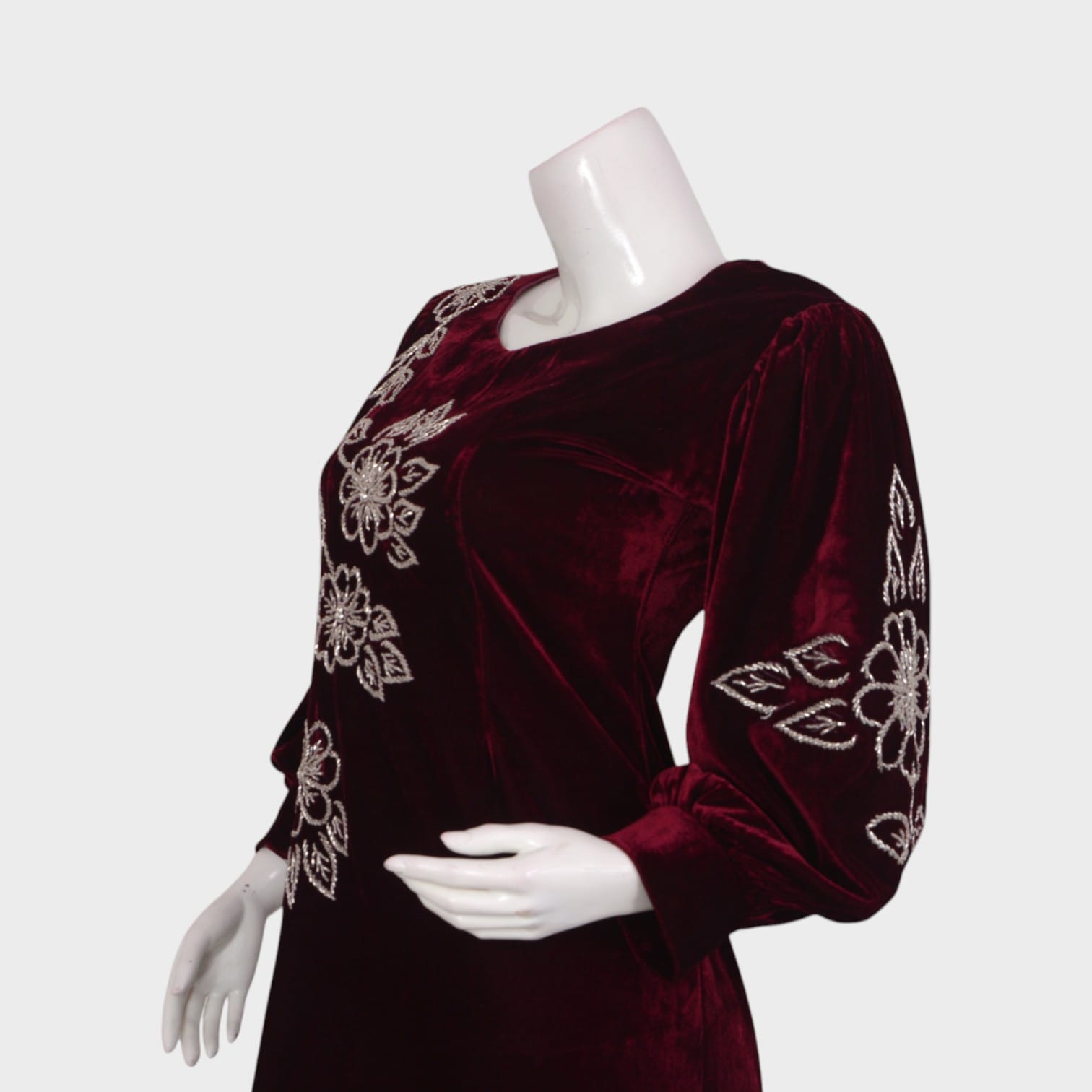 Mahgul Maroon – Floral Velvet Midi Dress