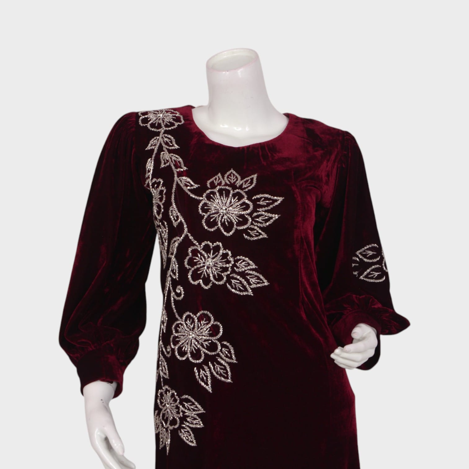Mahgul Maroon – Floral Velvet Midi Dress