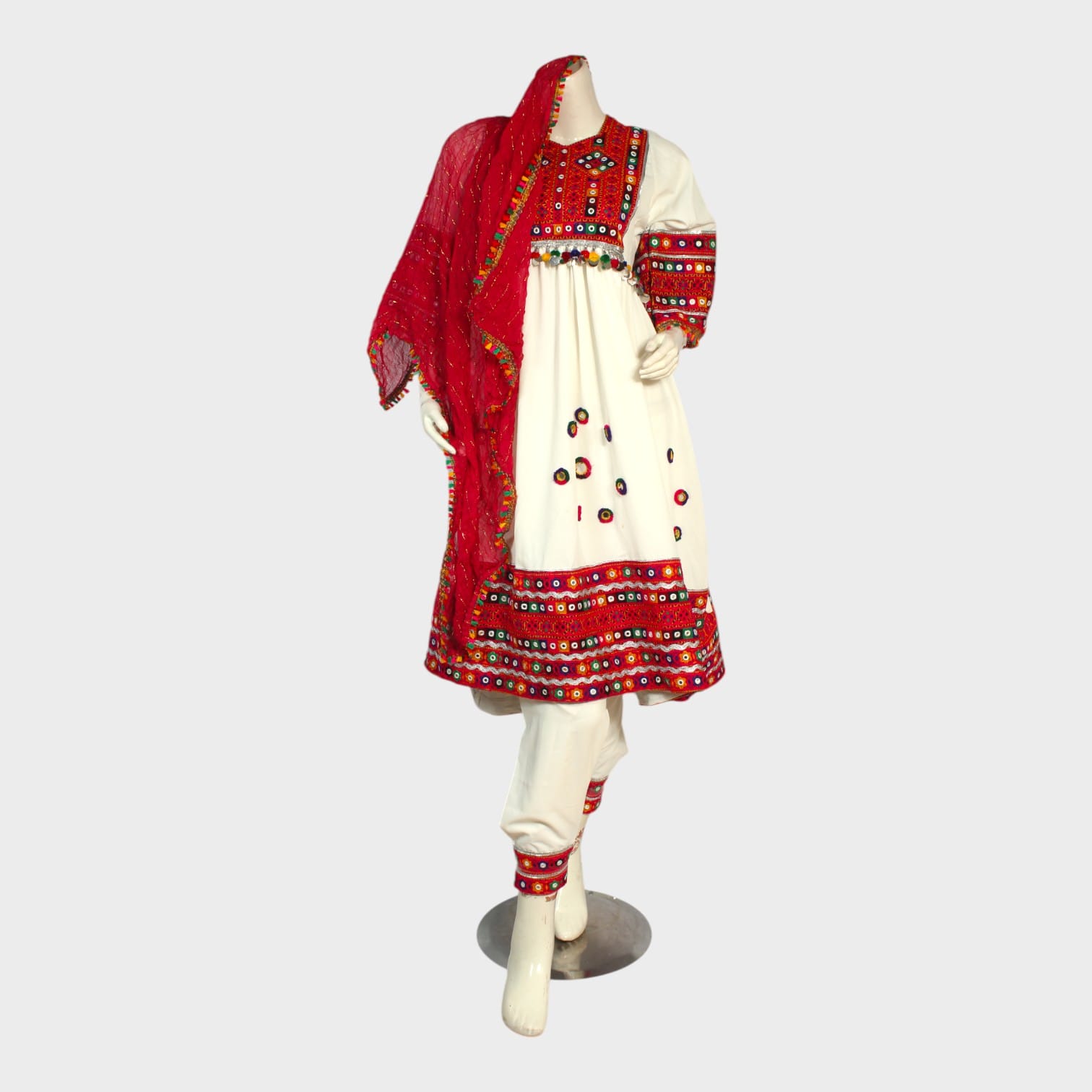 Kohistani Charm – White Mirror Embroidered Dress Set