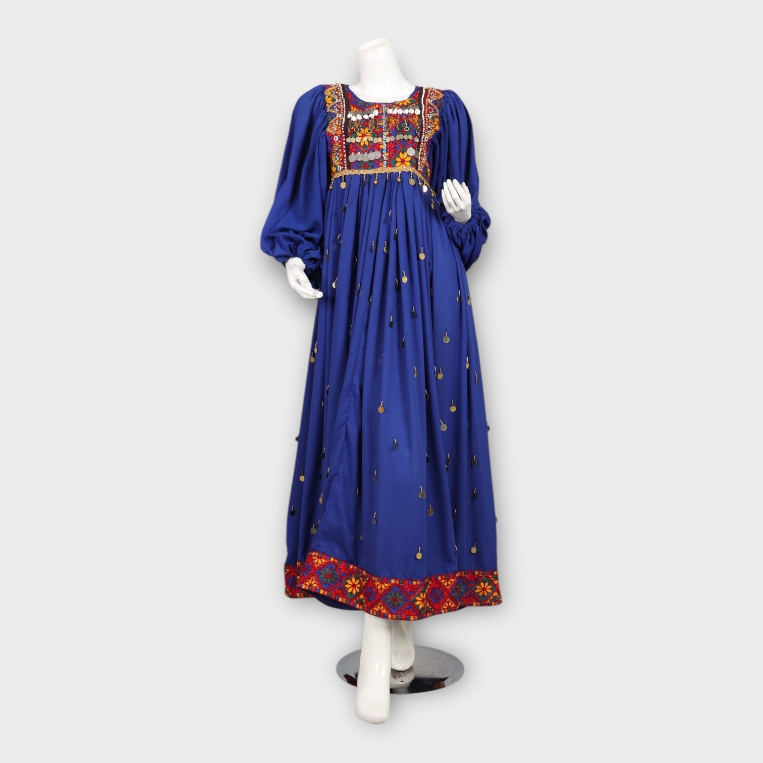 Afghan Dress – Royal Blue Embroidered Maxi Dress – Traditional Boho