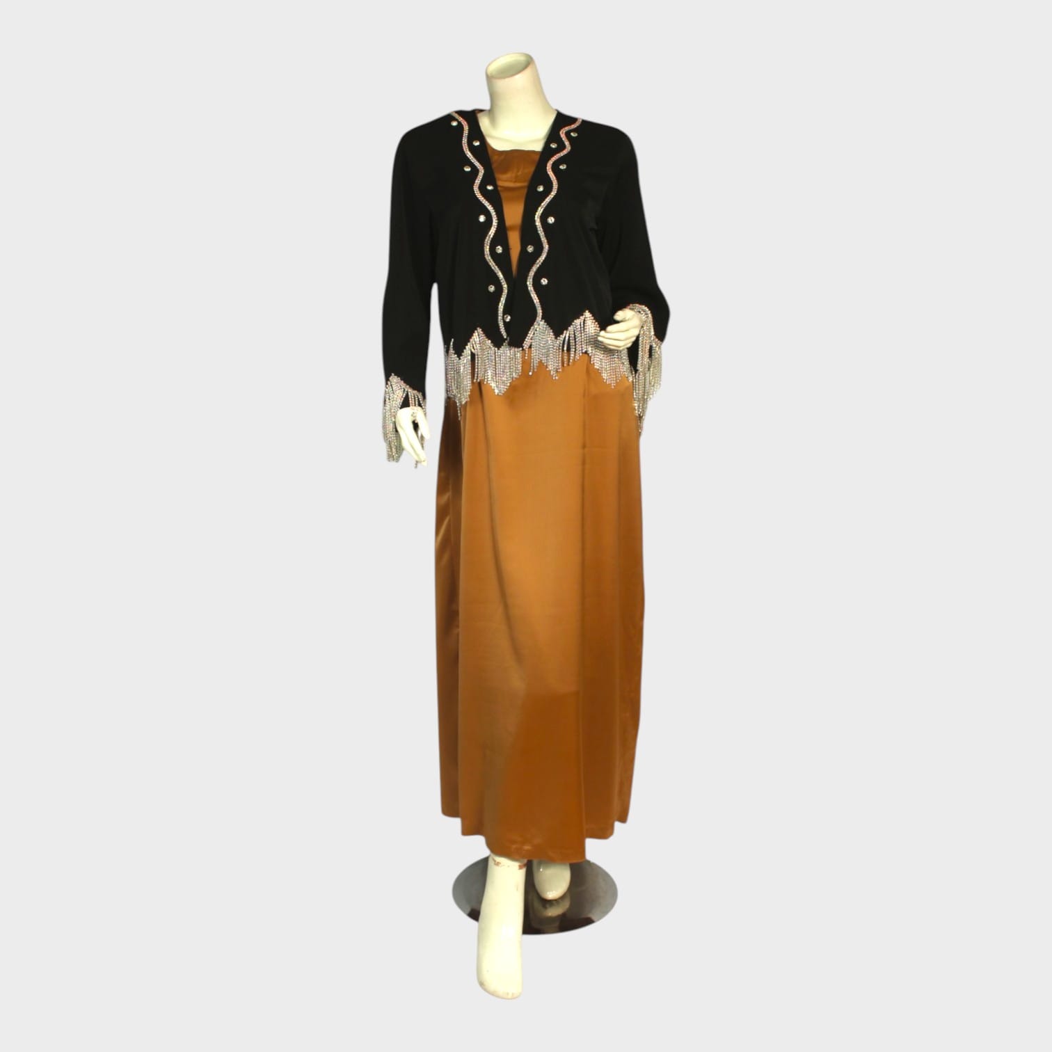 Golden Ember Satin Dress with Beaded Black Shrug