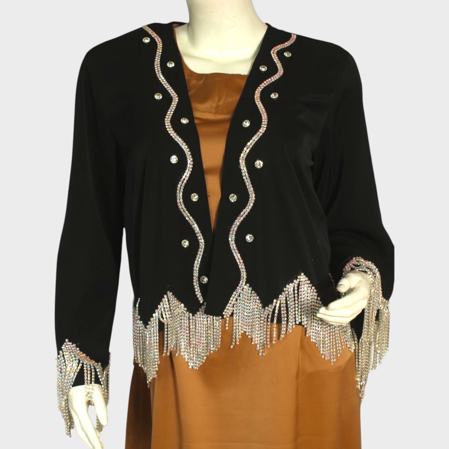 Golden Ember Satin Dress with Beaded Black Shrug