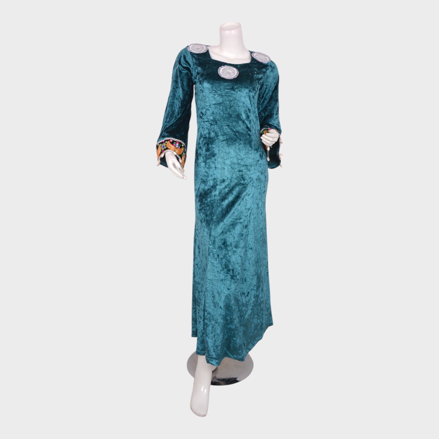 Teal Elegance Long Velvet Dress