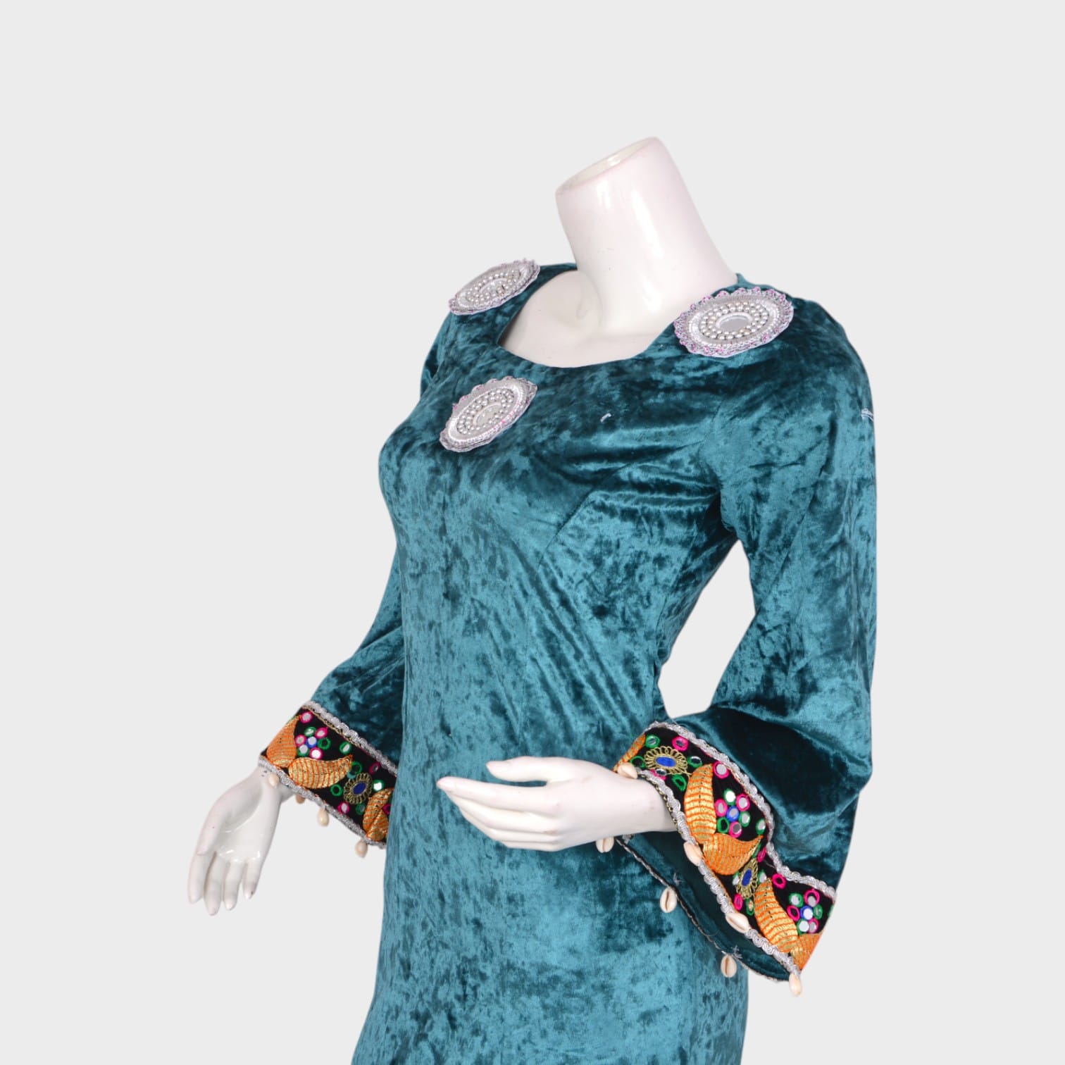 Teal Elegance Long Velvet Dress