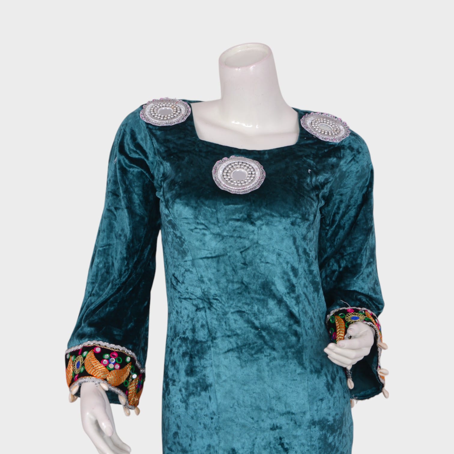 Teal Elegance Long Velvet Dress