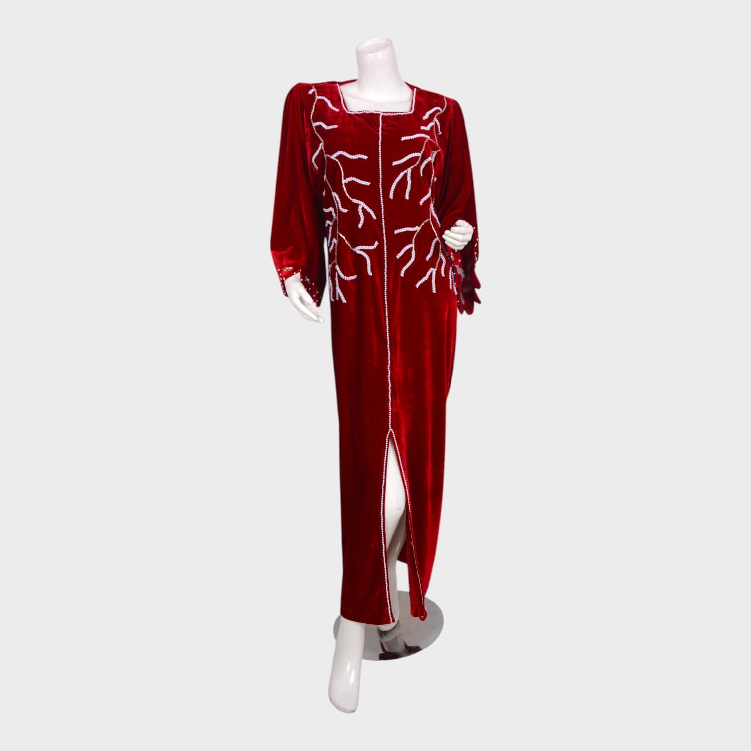 Crimson Velvet Vine Embroidered Dress