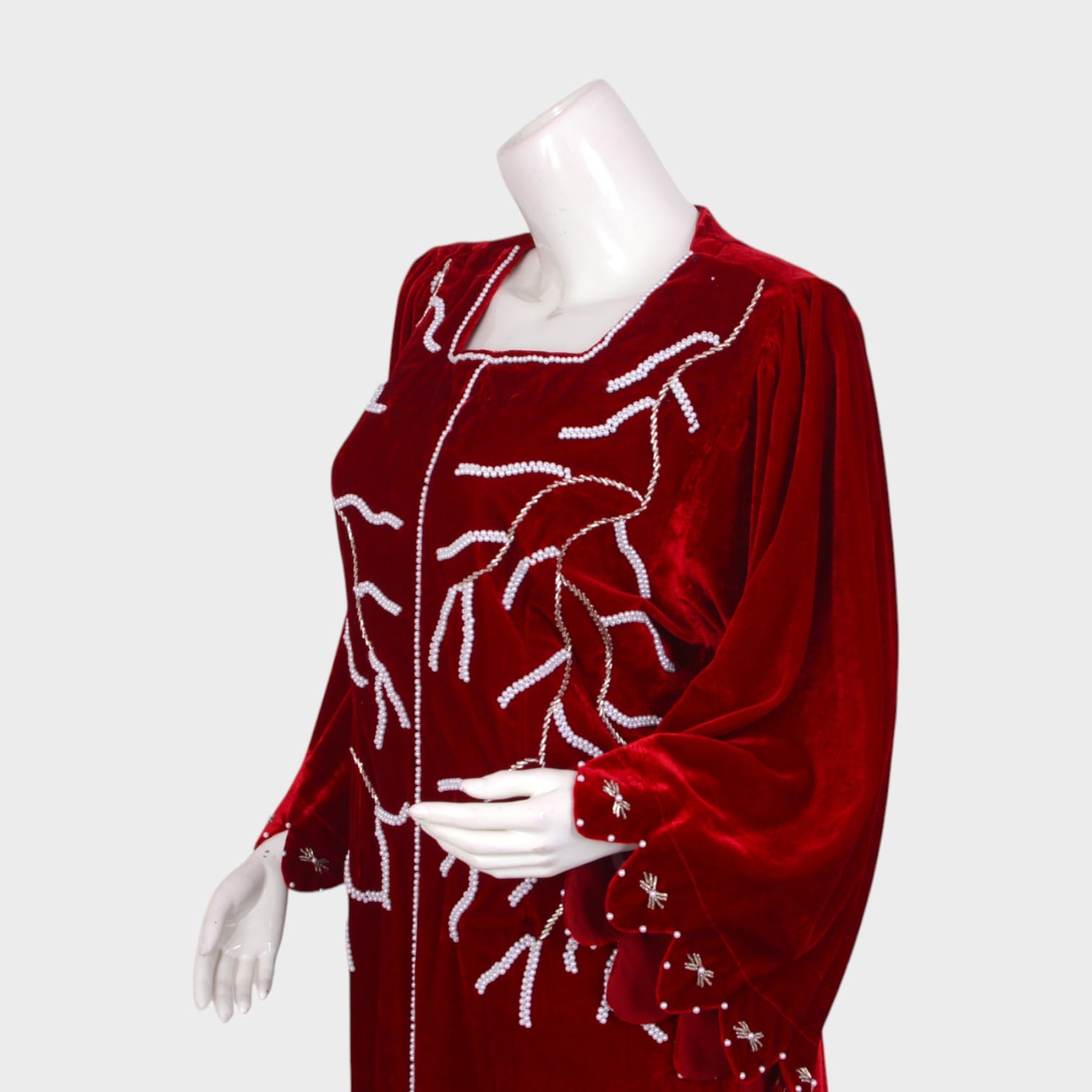 Crimson Velvet Vine Embroidered Dress