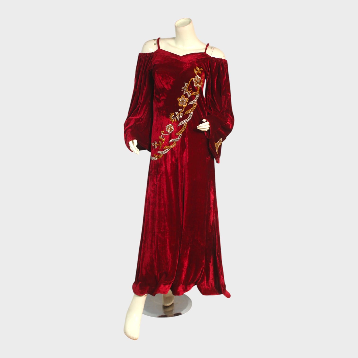 Crimson Bloom Cold-Shoulder Gown